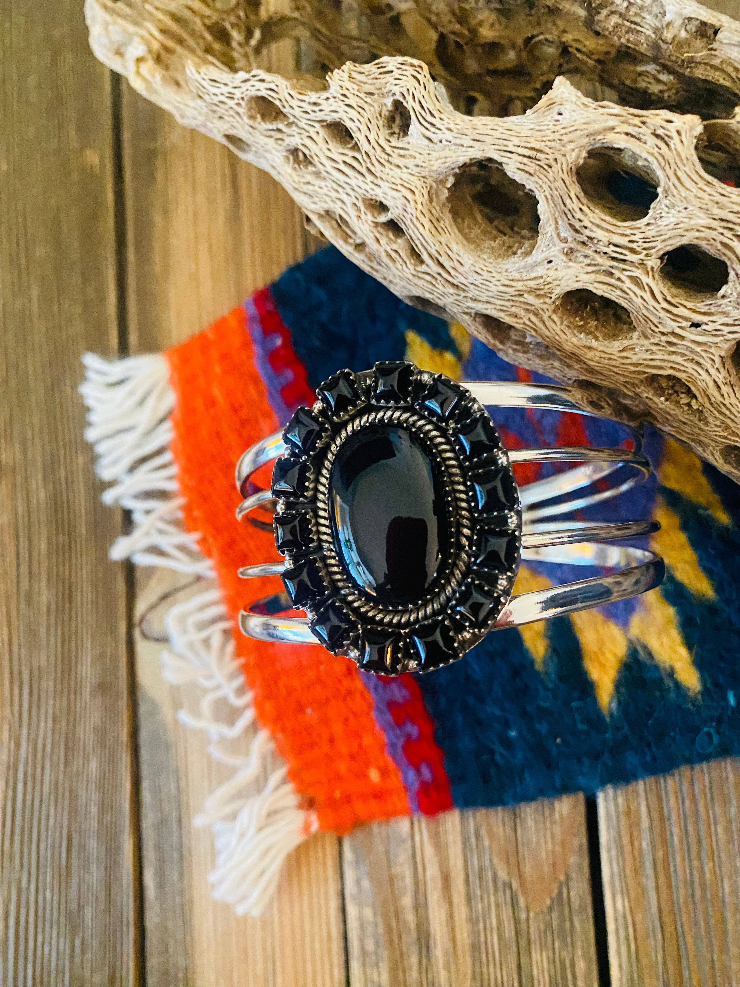 Handmade Sterling Silver & Onyx Cluster Cuff Bracelet