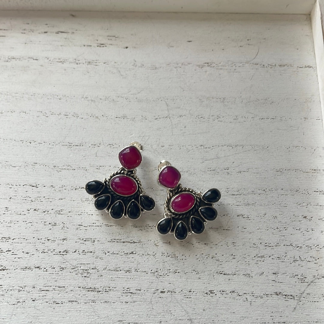 Beautiful Handmade Pink & Black Onyx & Sterling Silver Post Earrings Signed Nizhoni