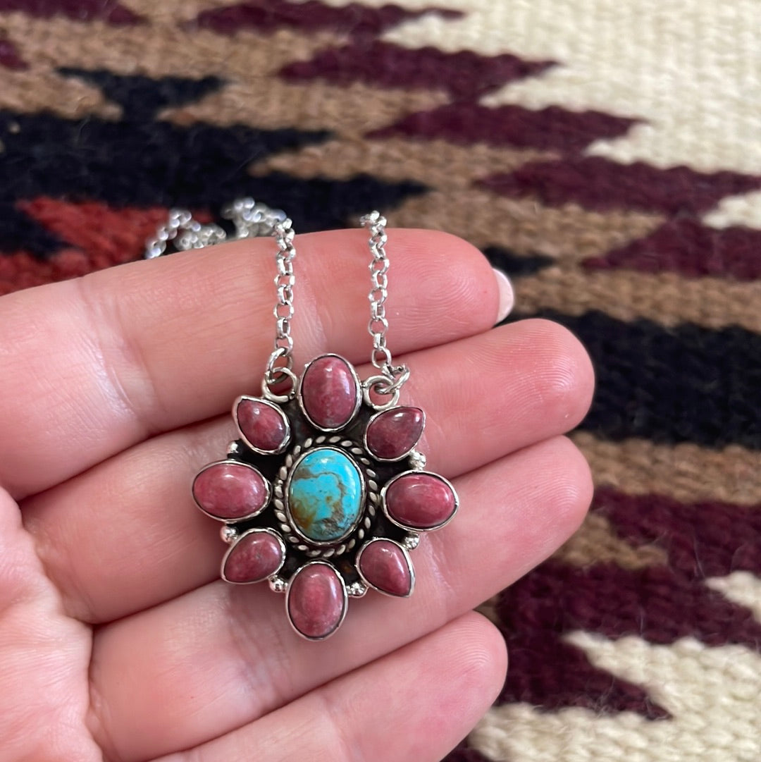 Handmade Sterling Silver, Rhodonite & Turquoise Necklace