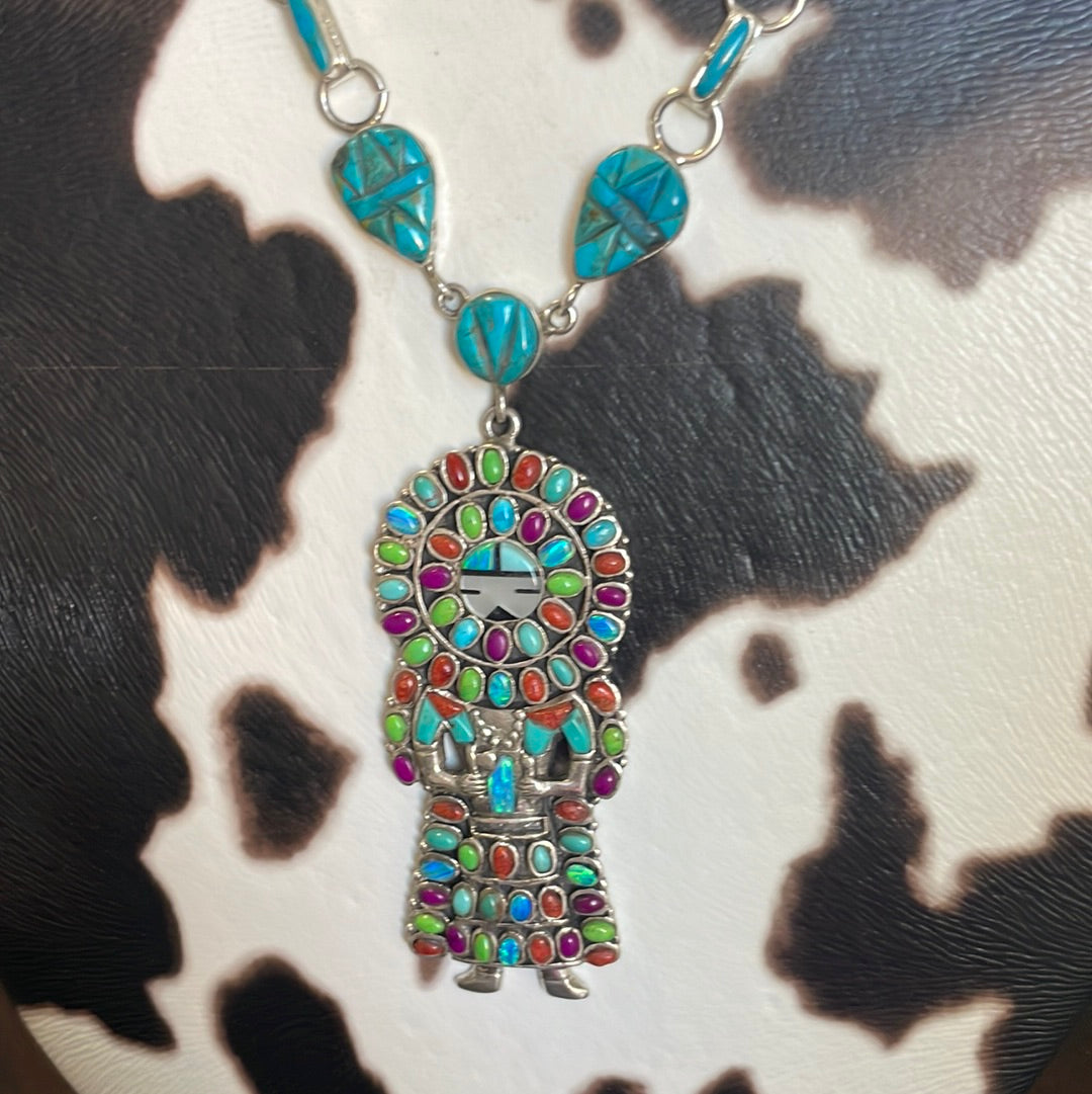 Gorgeous Handmade Sterling Silver Multi Stone Kachina Necklace