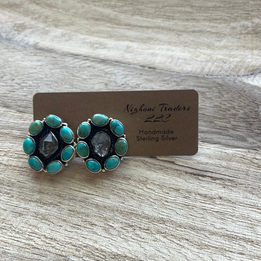 Handmade Turquoise, Herkimer Diamond And Sterling Silver Sedona Earrings Signed Nizhoni