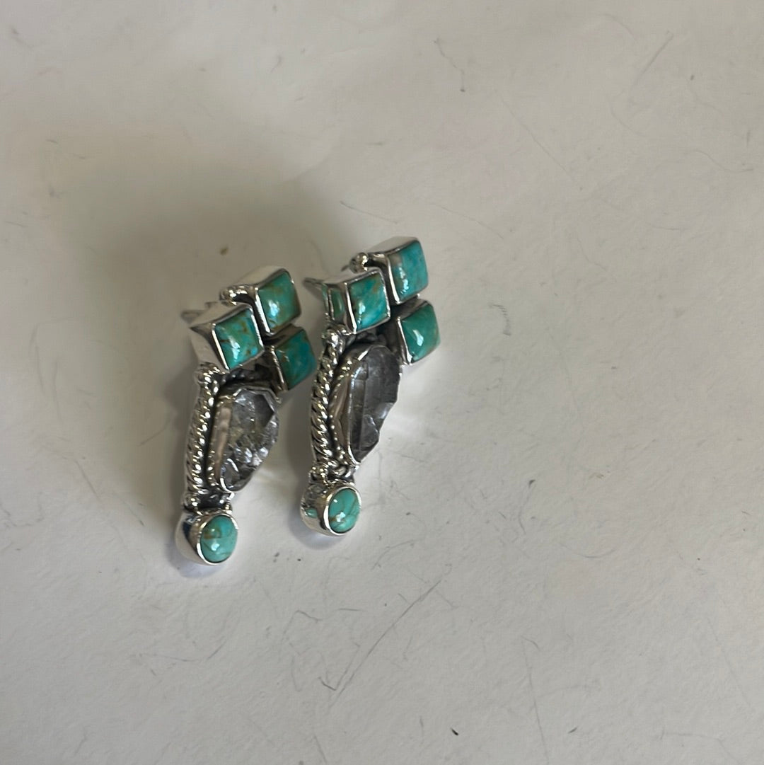 Handmade Herkimer Diamond, Turquoise & Sterling Silver Post Earrings Signed Nizhoni