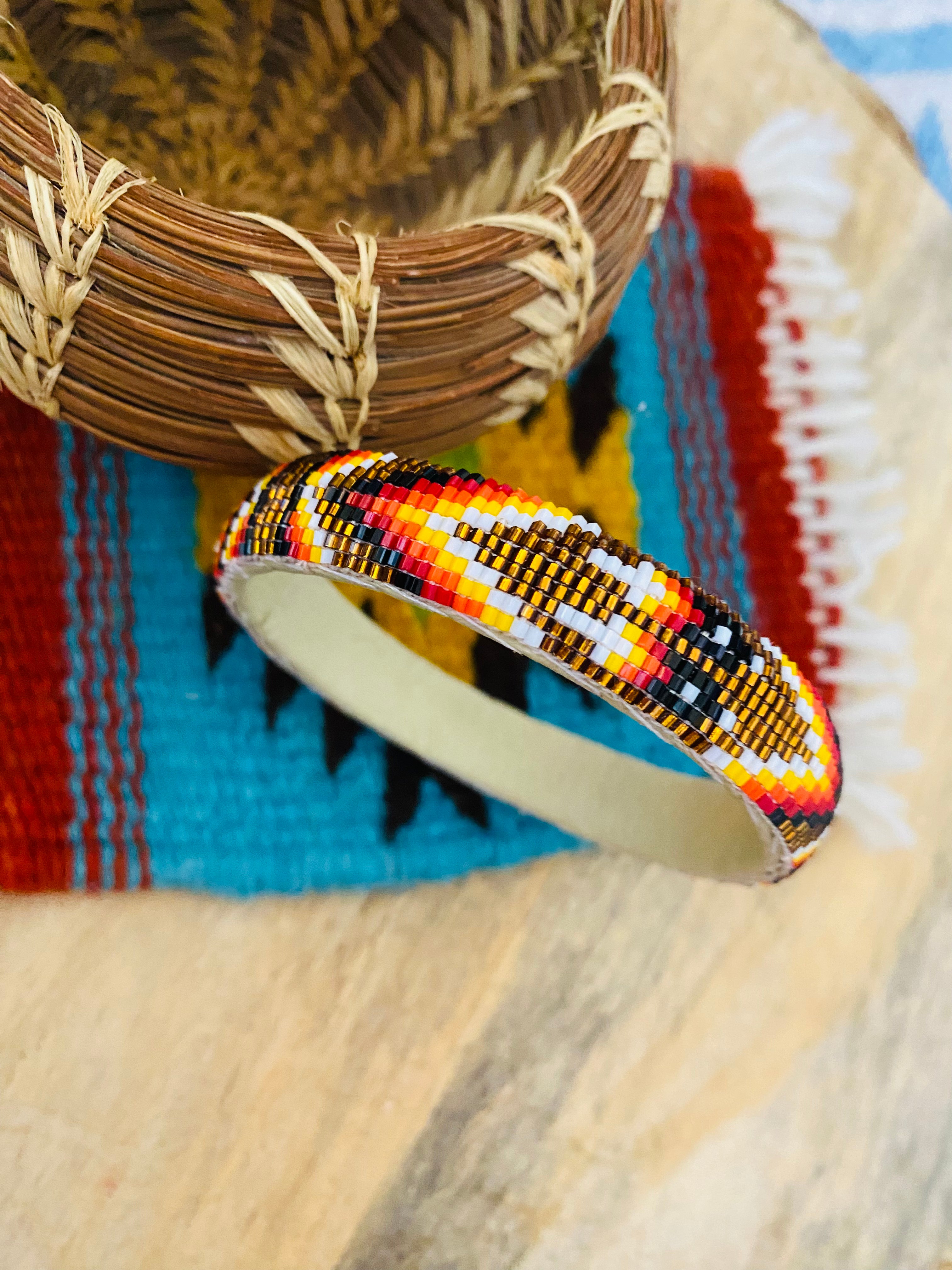 Navajo Made Beaded Leather Bangle Bracelet