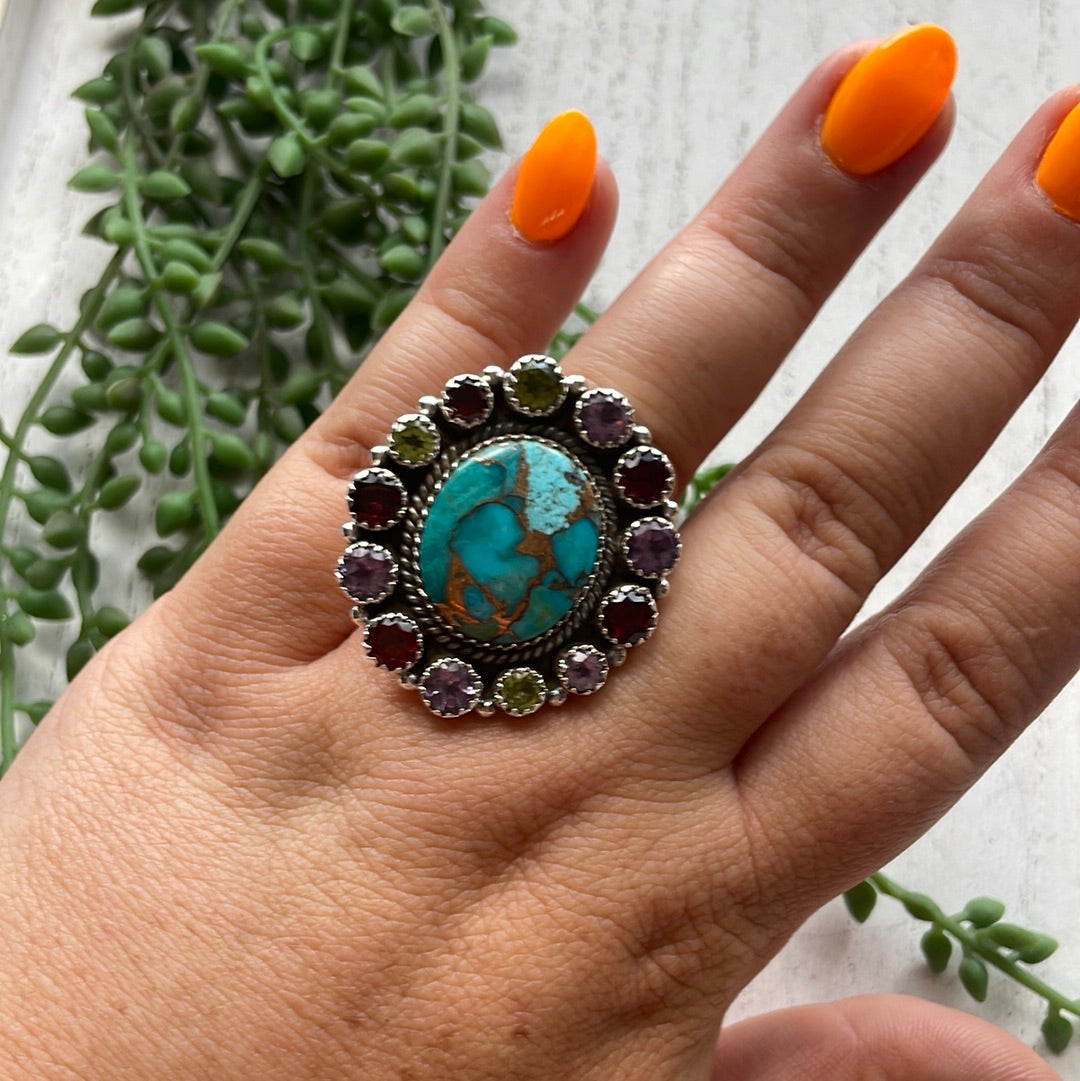 Nizhoni Turquoise, Peridot, Ruby, Amethyst & Sterling Silver Handmade Ring