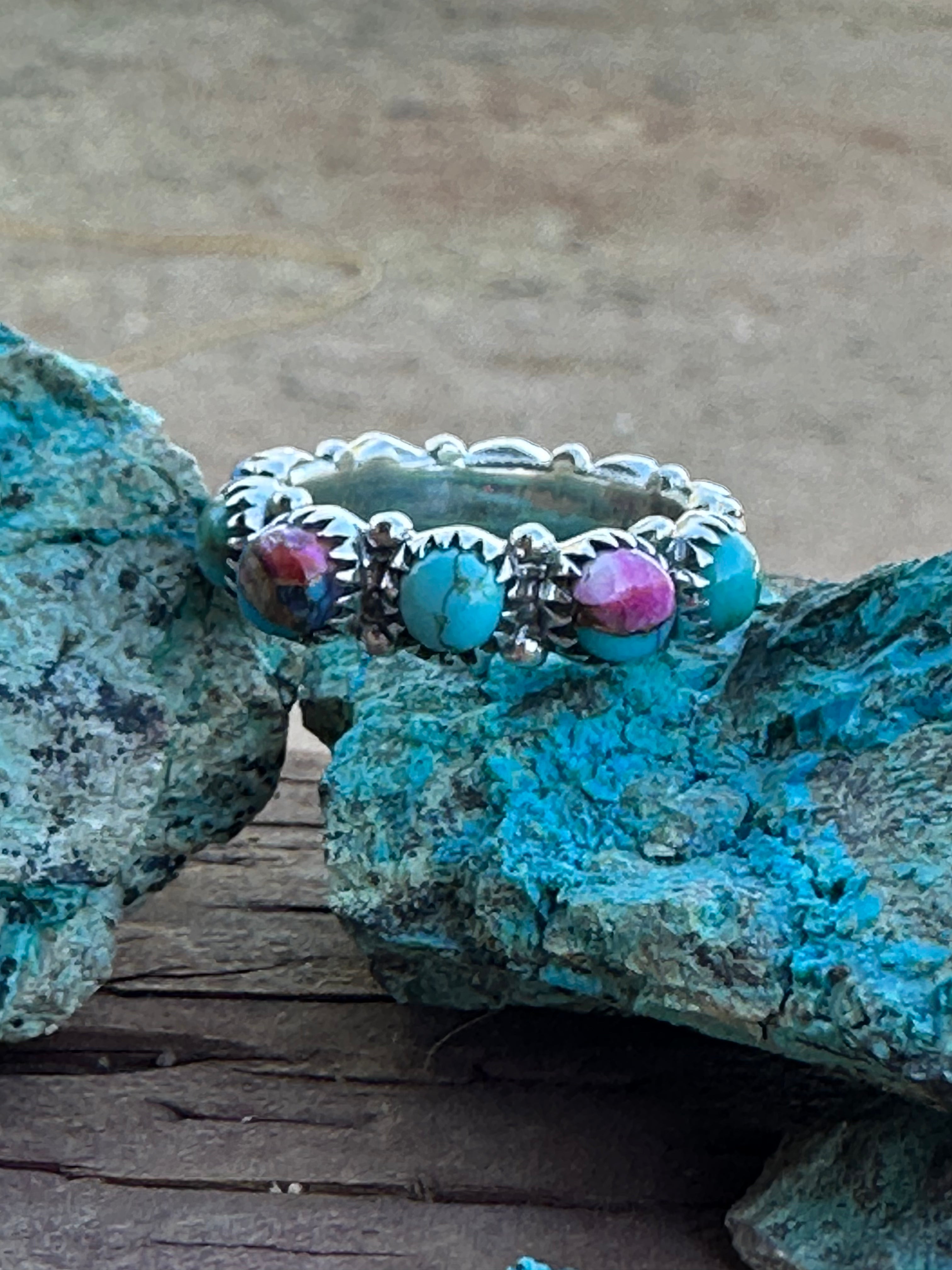 Pink Dream and Kingman Turquoise Sterling Silver Eternity Band