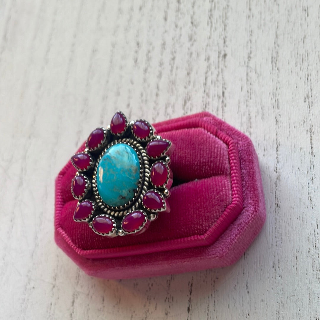 Handmade Pink Onyx & Turquoise Sterling Silver Adjustable Ring Signed Nizhoni