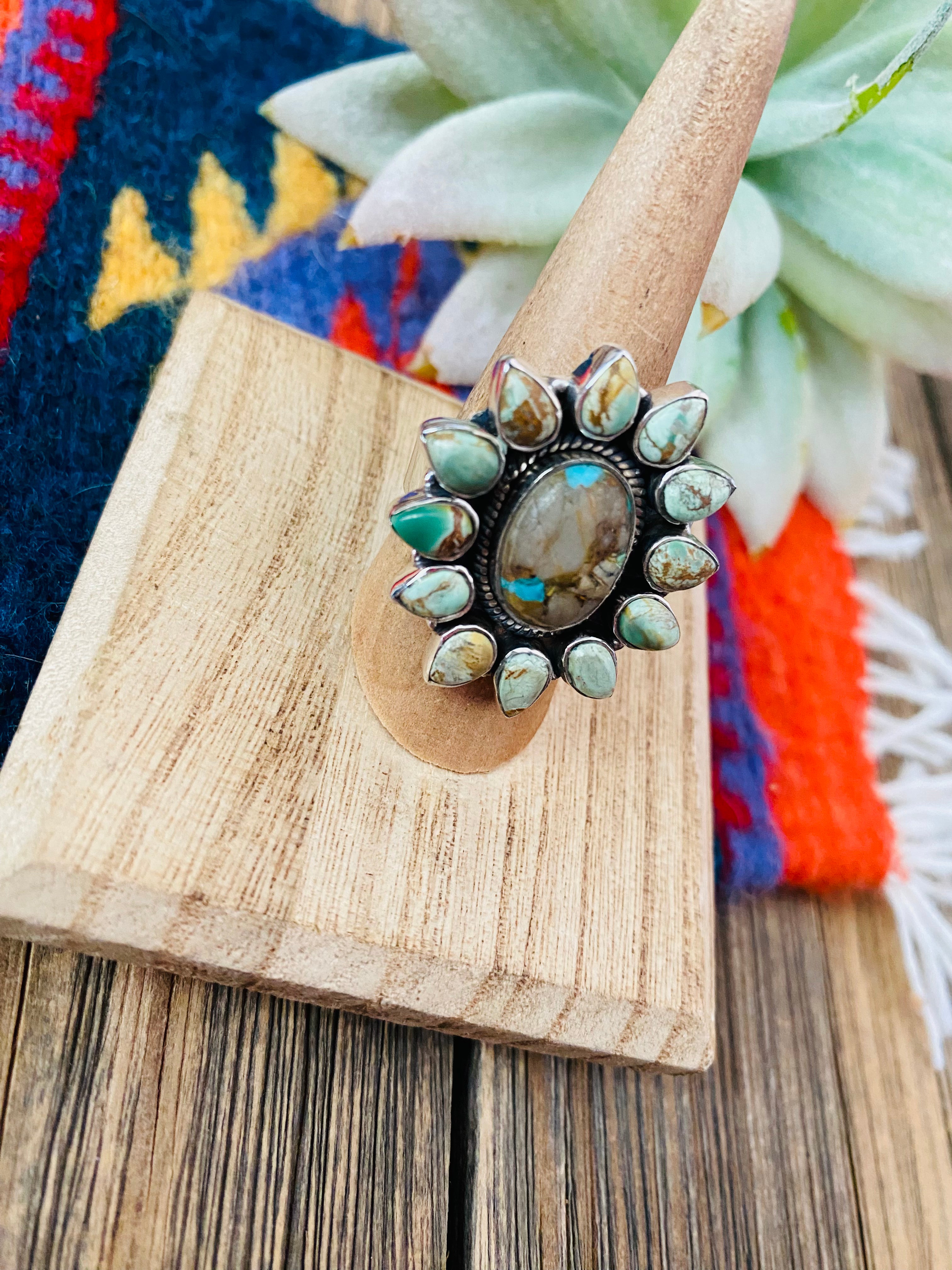 Handmade Sterling Silver & Turquoise Cluster Adjustable Ring