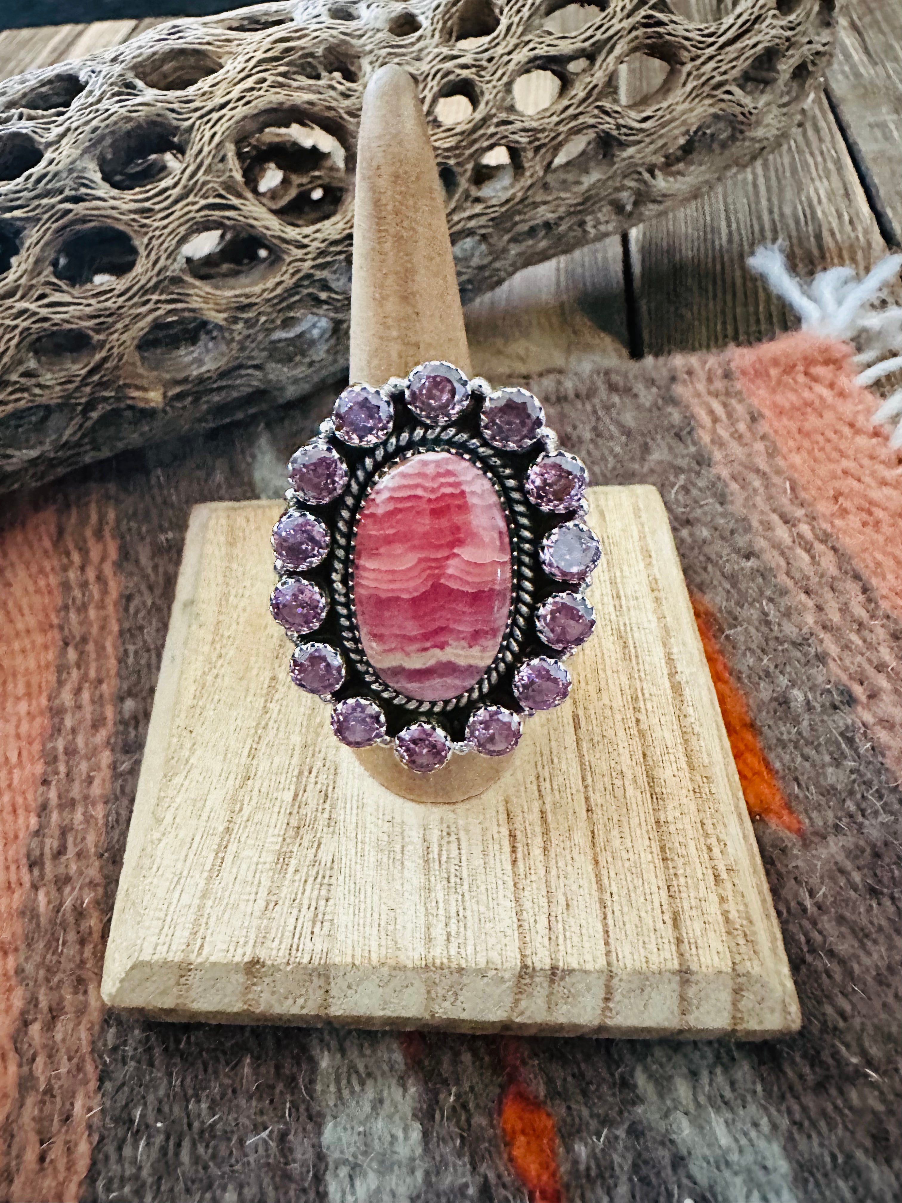 Handmade Sterling Silver, Rhodochrosite & Pink CZ Cluster Adjustable Ring