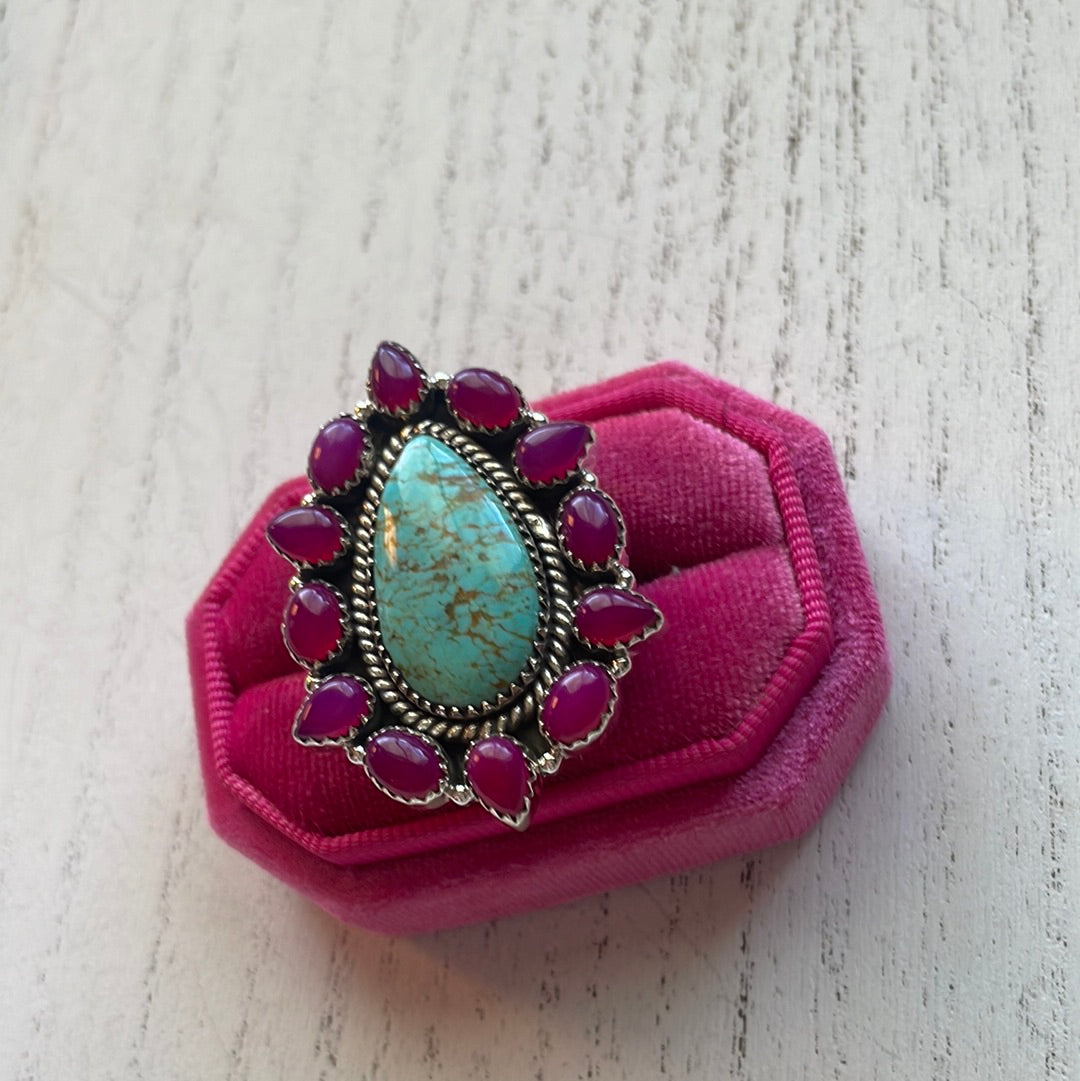 Handmade Pink Onyx & Turquoise Sterling Silver Adjustable Ring Signed Nizhoni