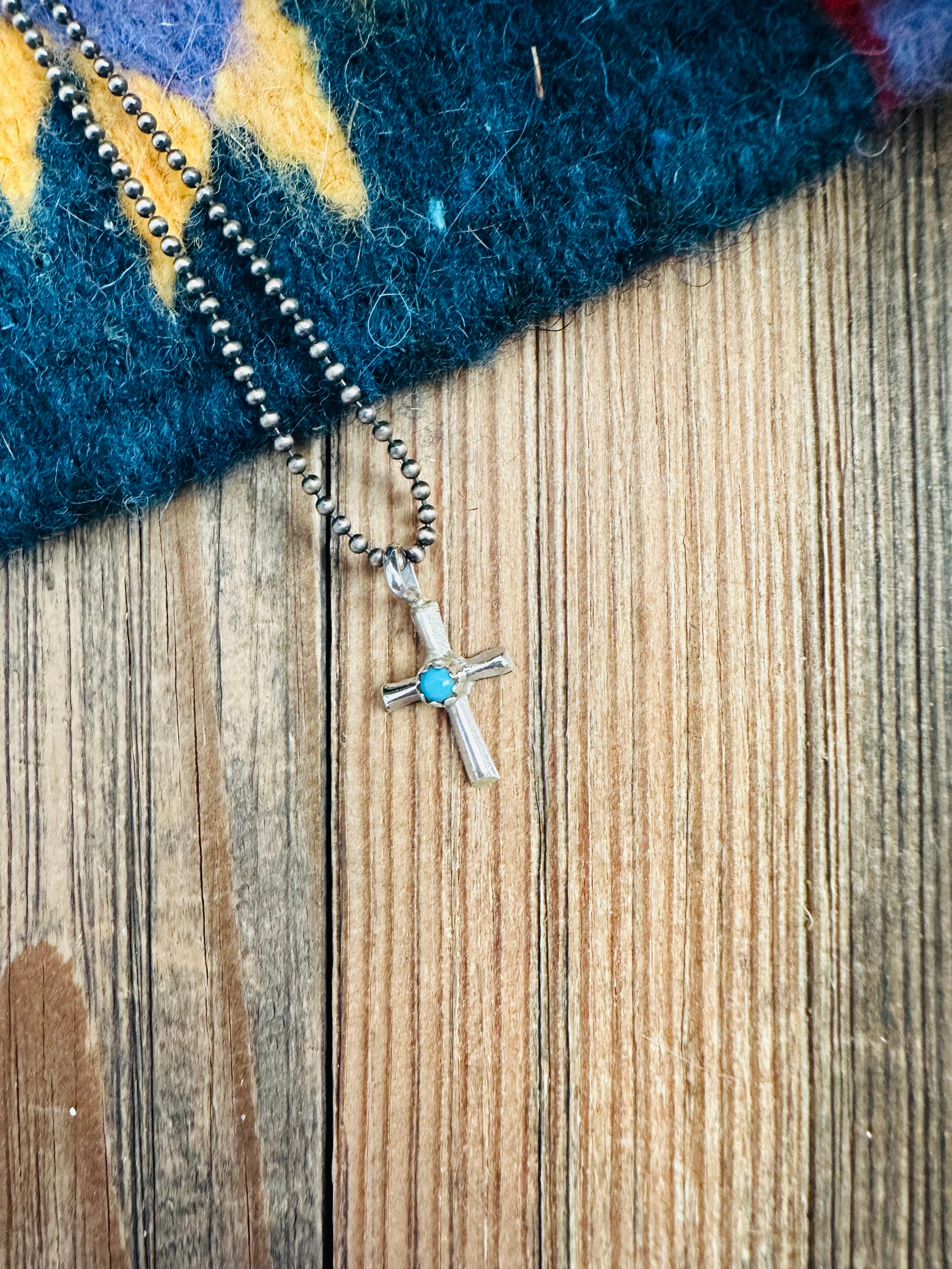 Navajo Turquoise & Sterling Silver Mini Cross Pendant