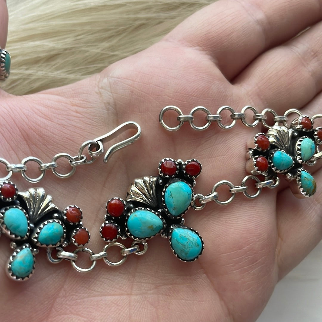 “The Prickly Bracelet” Handmade Sterling Silver, Turquoise & Coral Cactus Bracelet