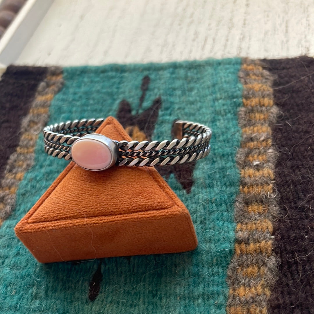 Navajo Pink Conch & Sterling Silver Adjustable Oval Cuff Bracelet