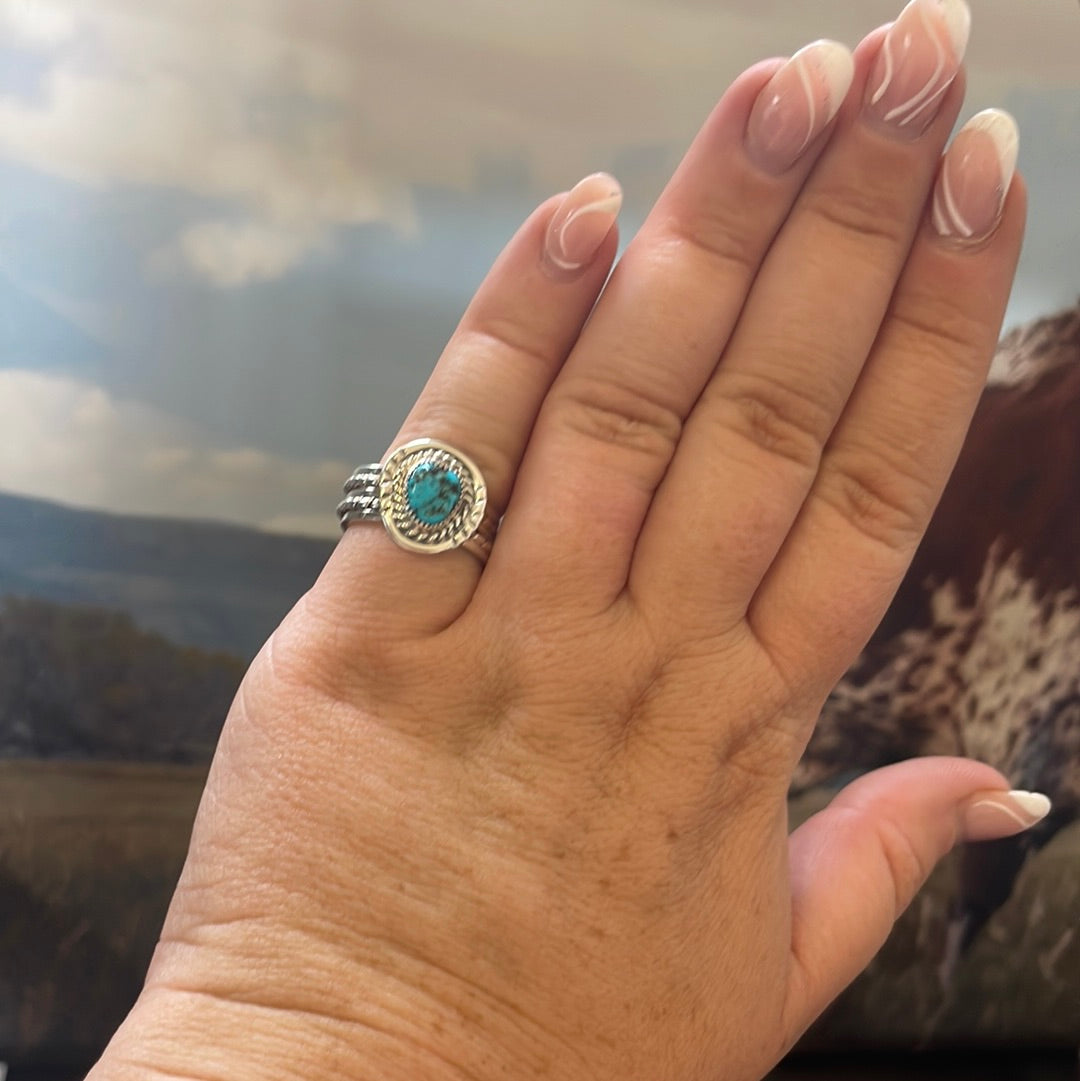 Navajo Sterling Silver Kingman Turquoise 2 Braid Band Ring