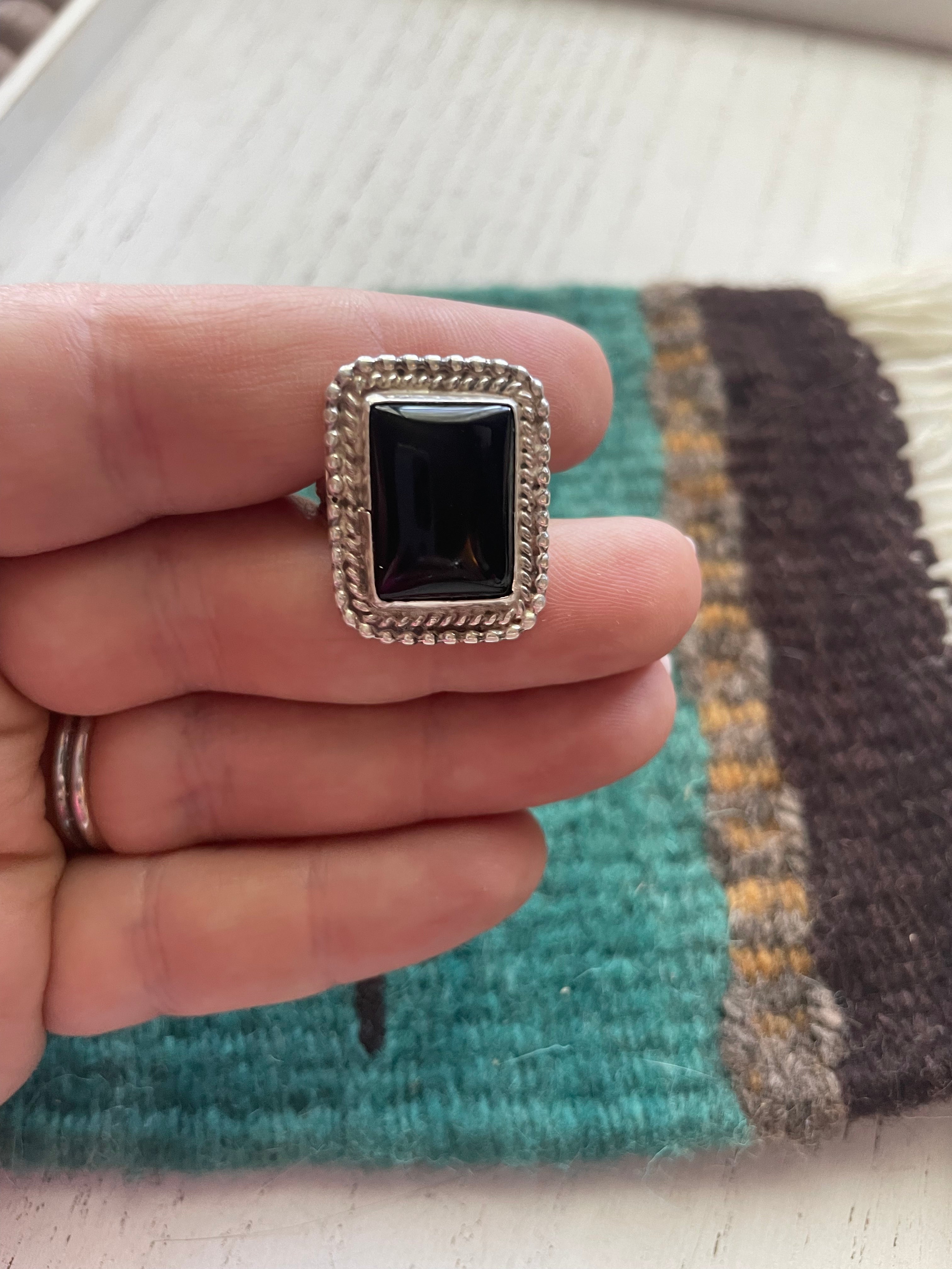 Navajo Sterling Silver & Black Onyx Rectangle Ring Signed J Frank