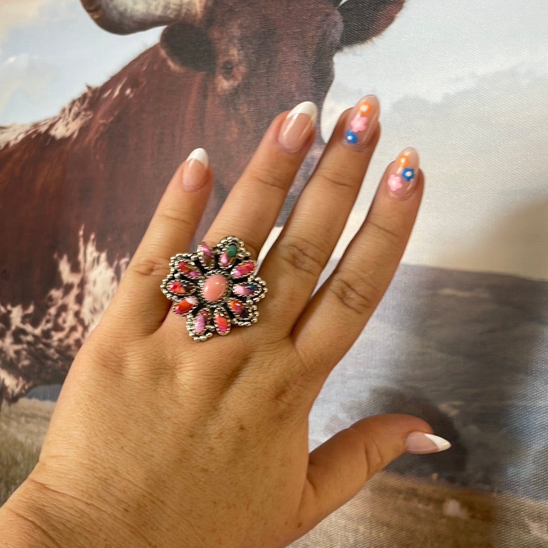 “Buy Me Flowers” Sterling Silver, Pink Dream & Pink Conch Adjustable Ring