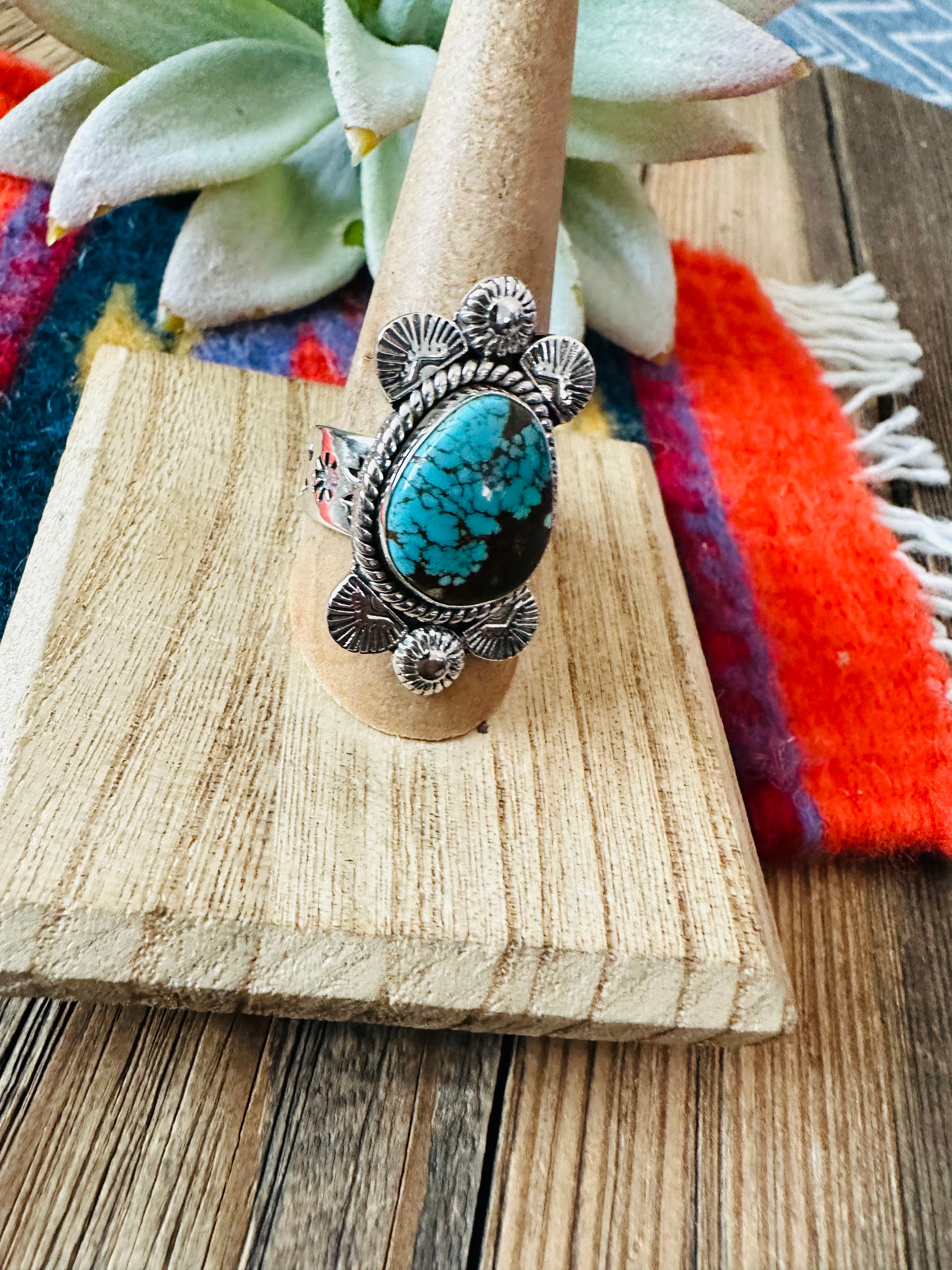 Handmade Sterling Silver & Number 8 Turquoise Adjustable Ring