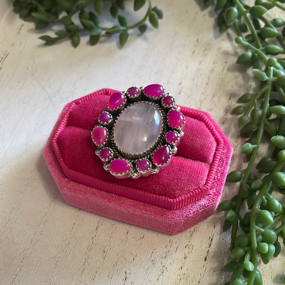 Nizhoni Handmade Rose Quartz, Pink Onyx And Sterling Silver Adjustable Ring