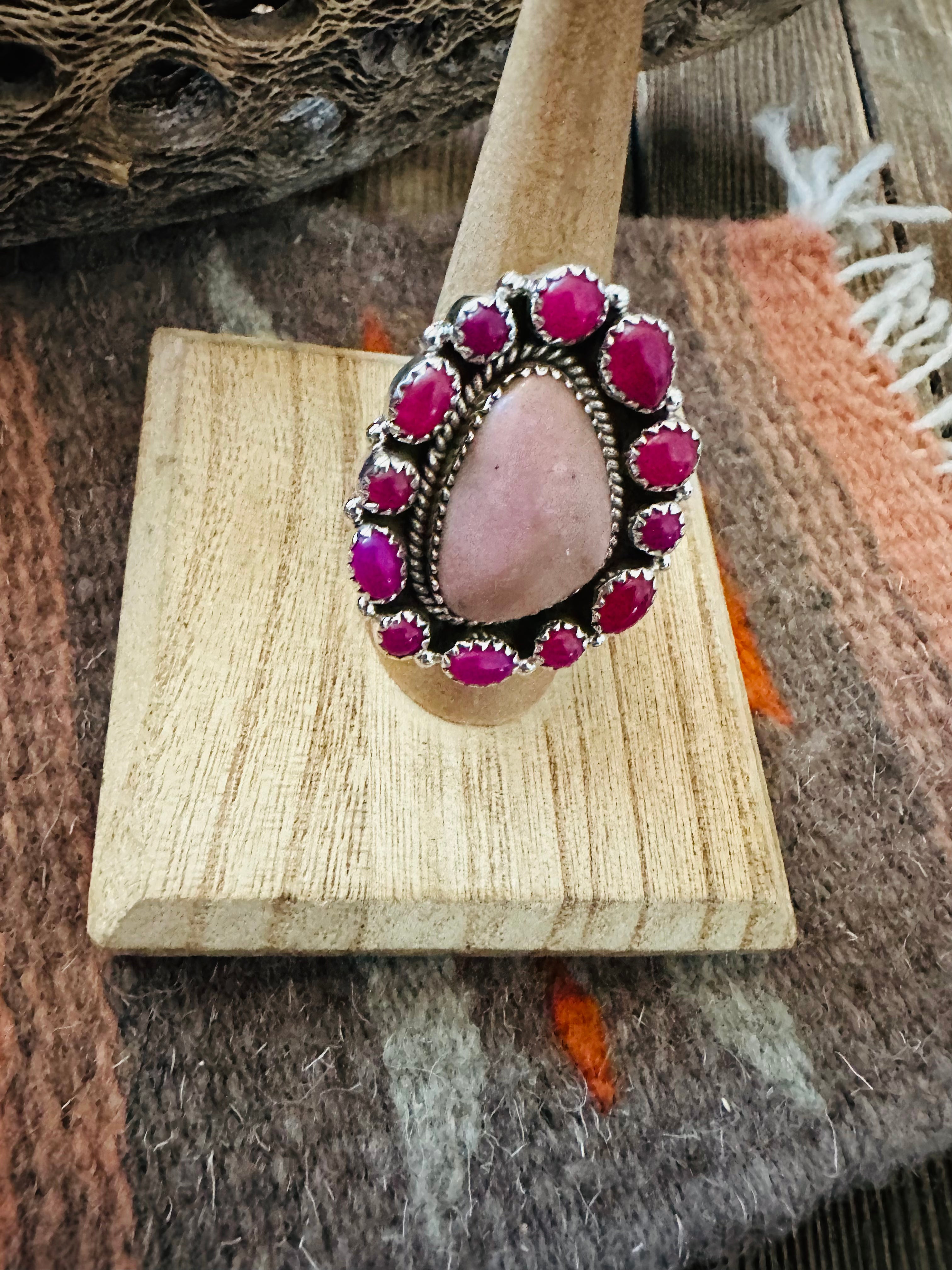 Handmade Sterling Silver, Patalite & Pink Onyx Cluster Adjustable Ring