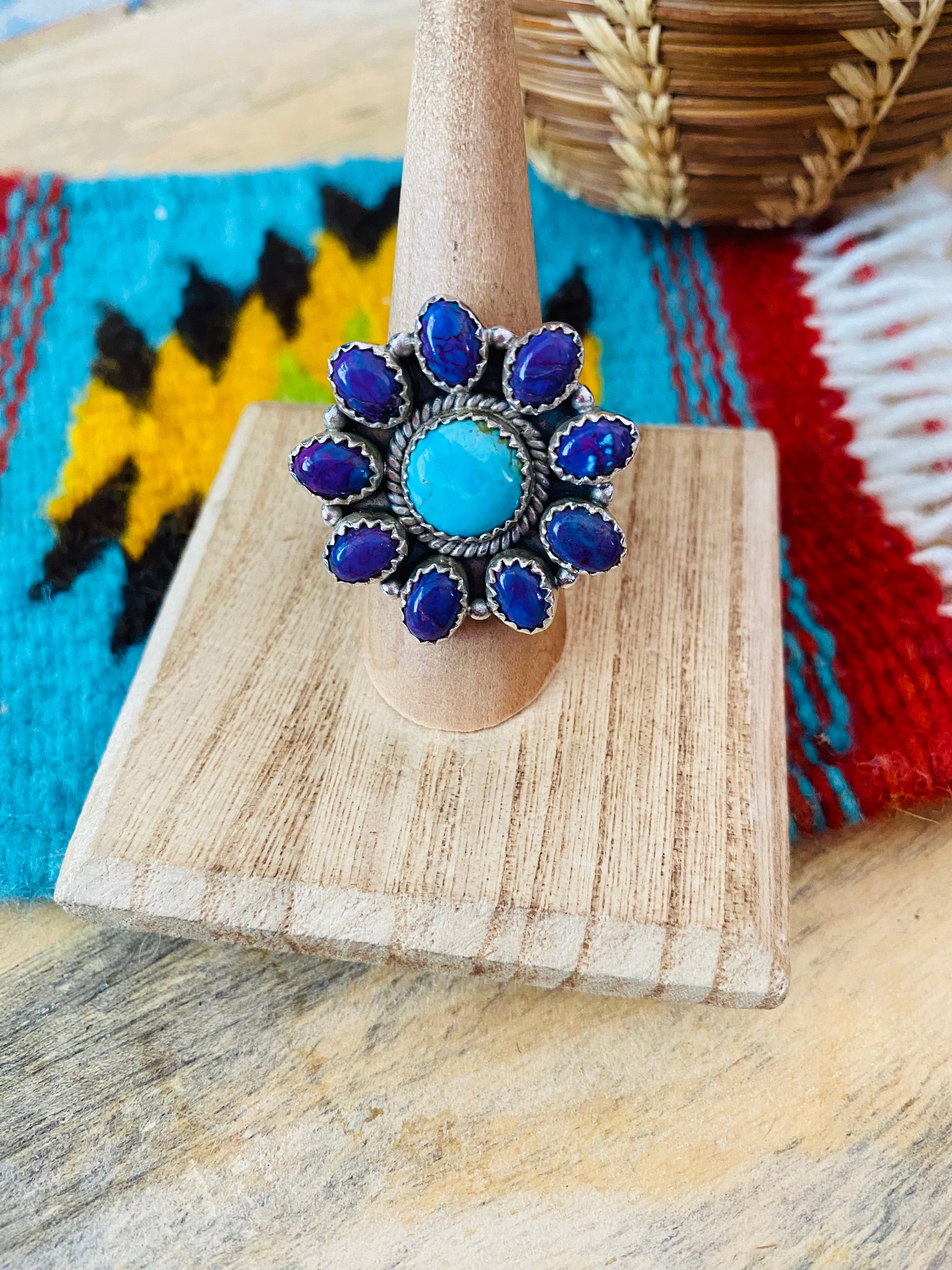 Handmade Sterling Silver, Turquoise & Purple Mojave Cluster Adjustable Ring