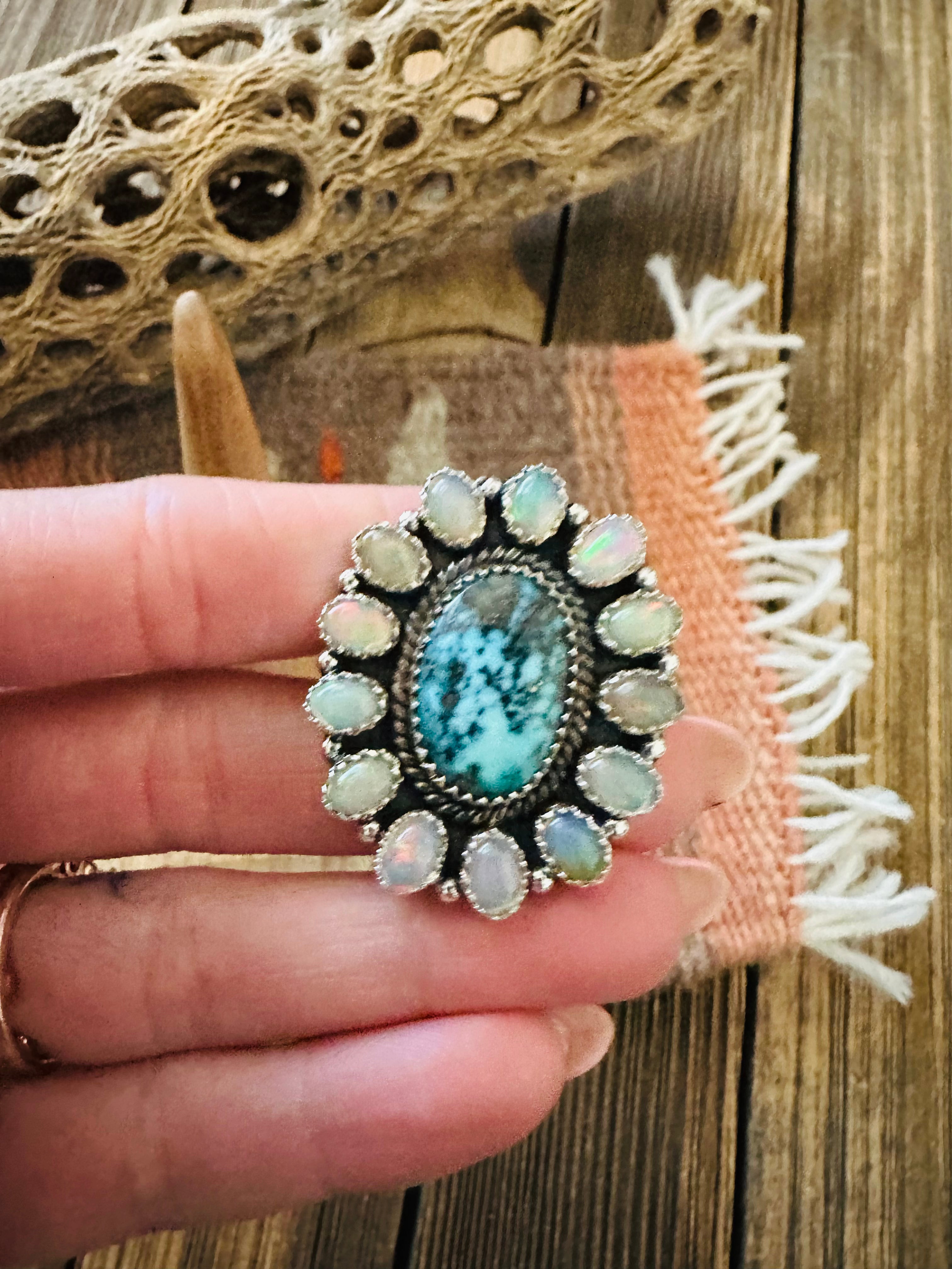 Handmade Sterling Silver Turquoise & Opal Cluster Adjustable Ring