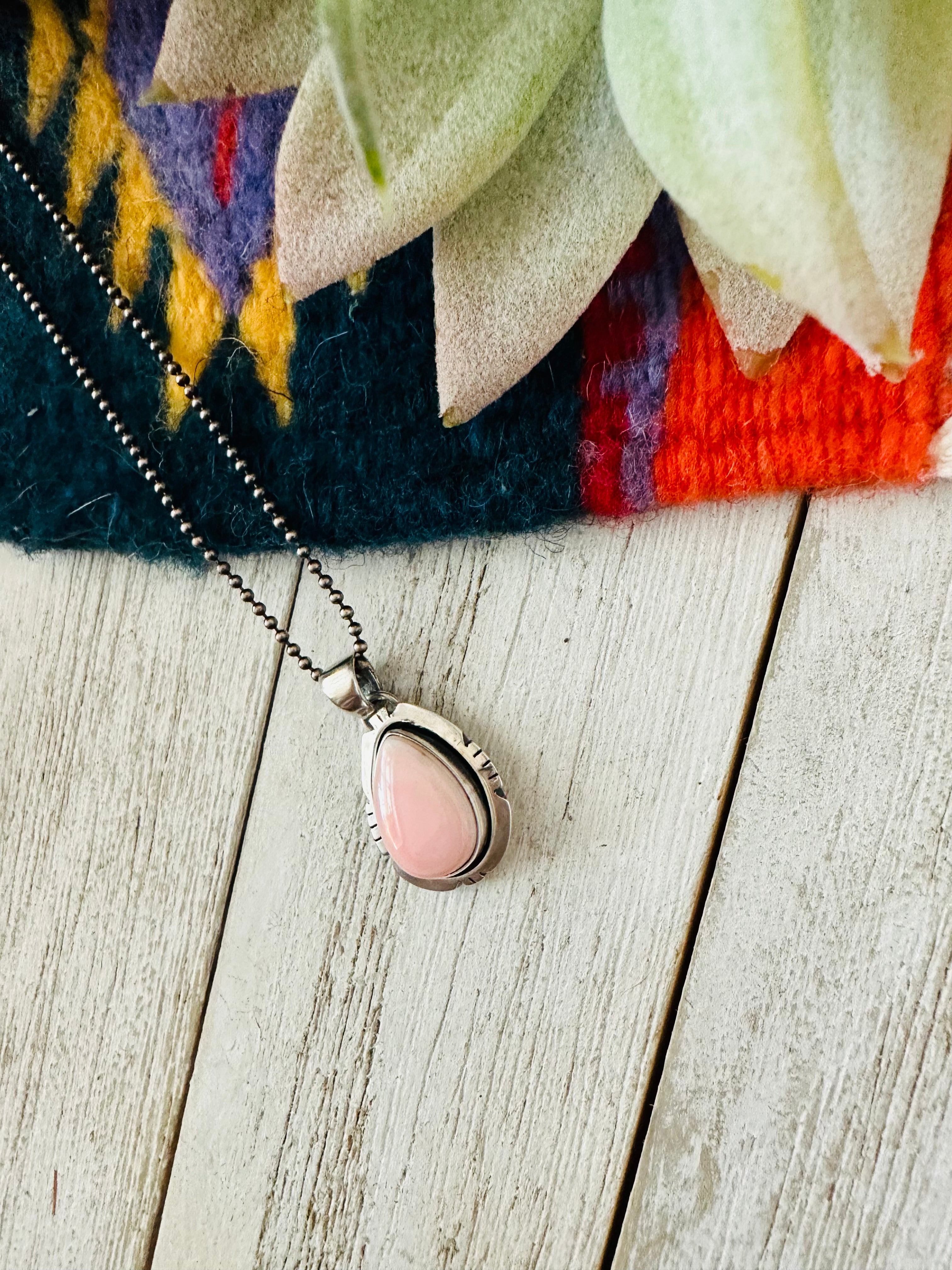 Navajo Queen Pink Conch Shell & Sterling Silver Shadowbox Teardrop Pendant