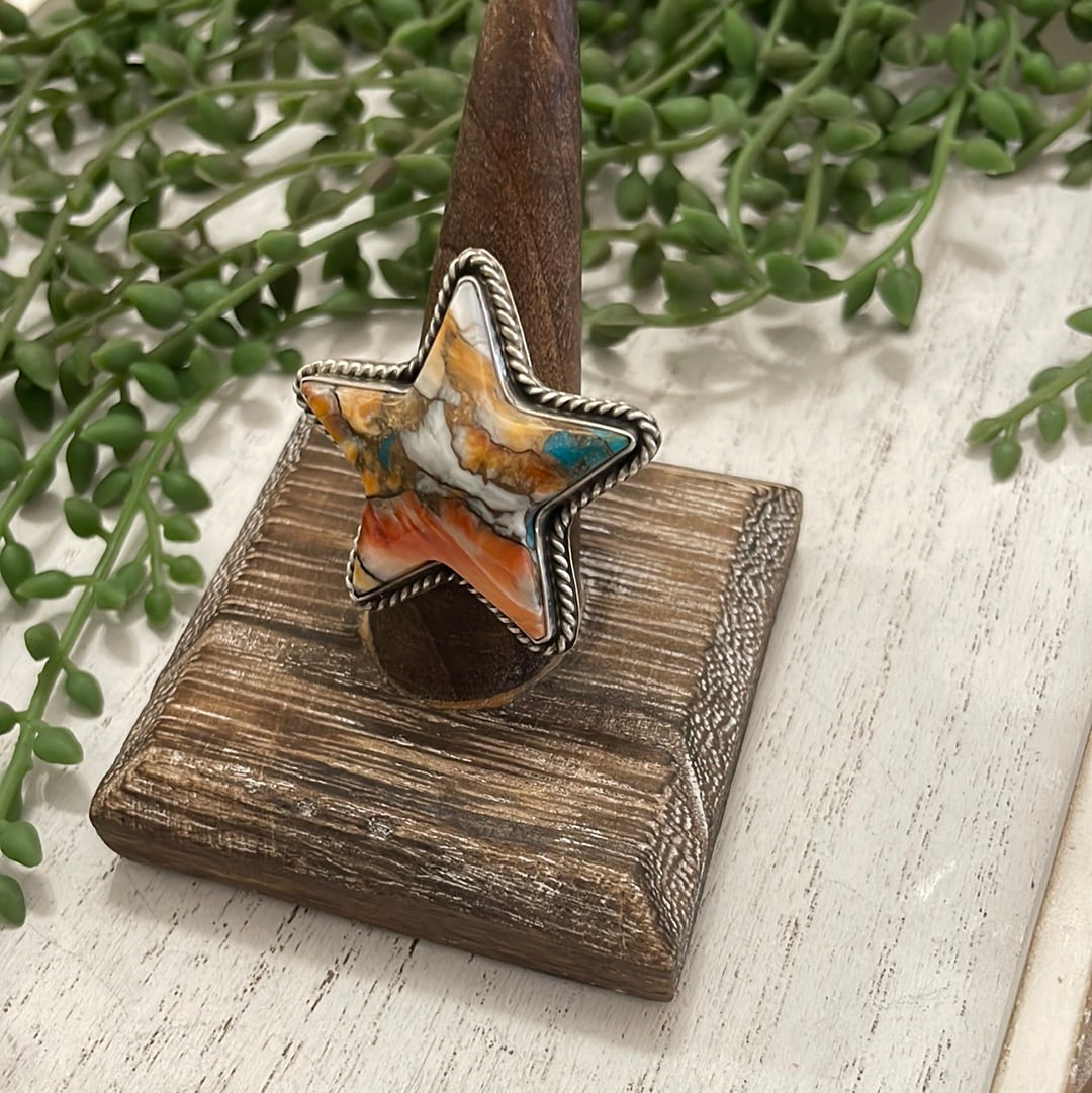 Navajo Orange Dream And Sterling Silver Star Adjustable Ring