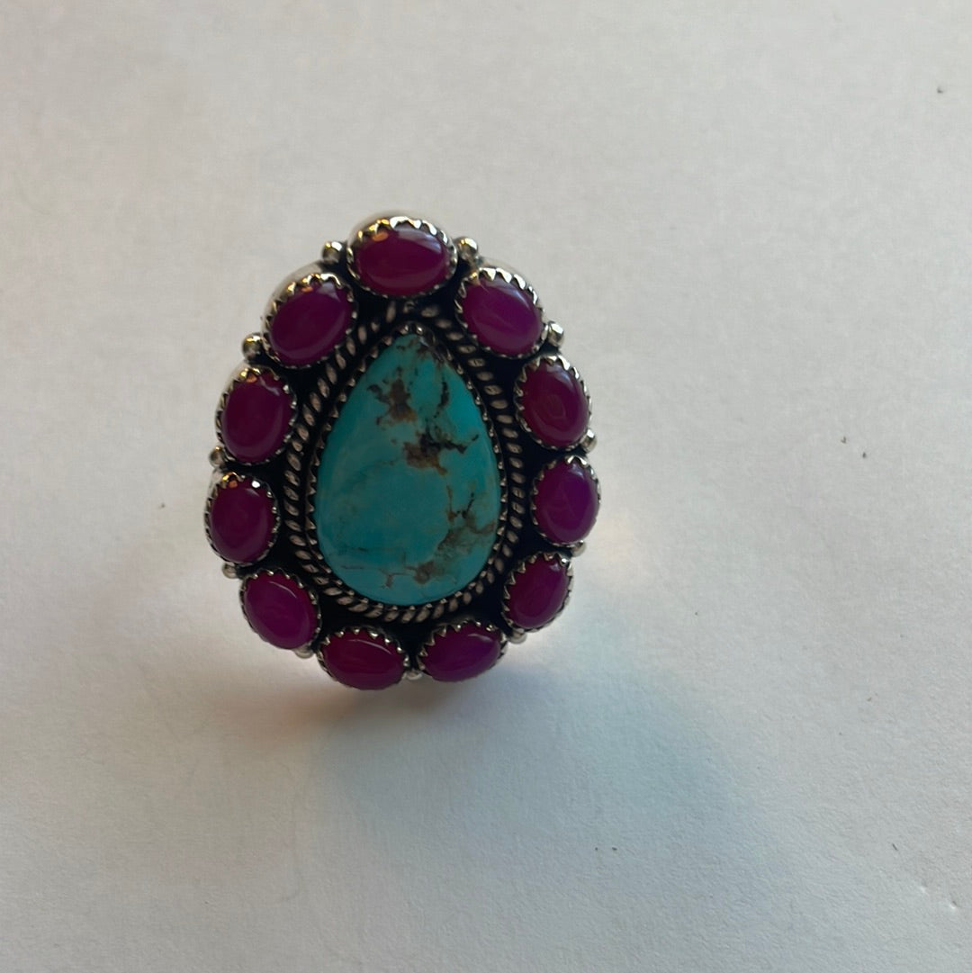 Handmade Pink Onyx & Turquoise Sterling Silver Adjustable Ring Signed Nizhoni