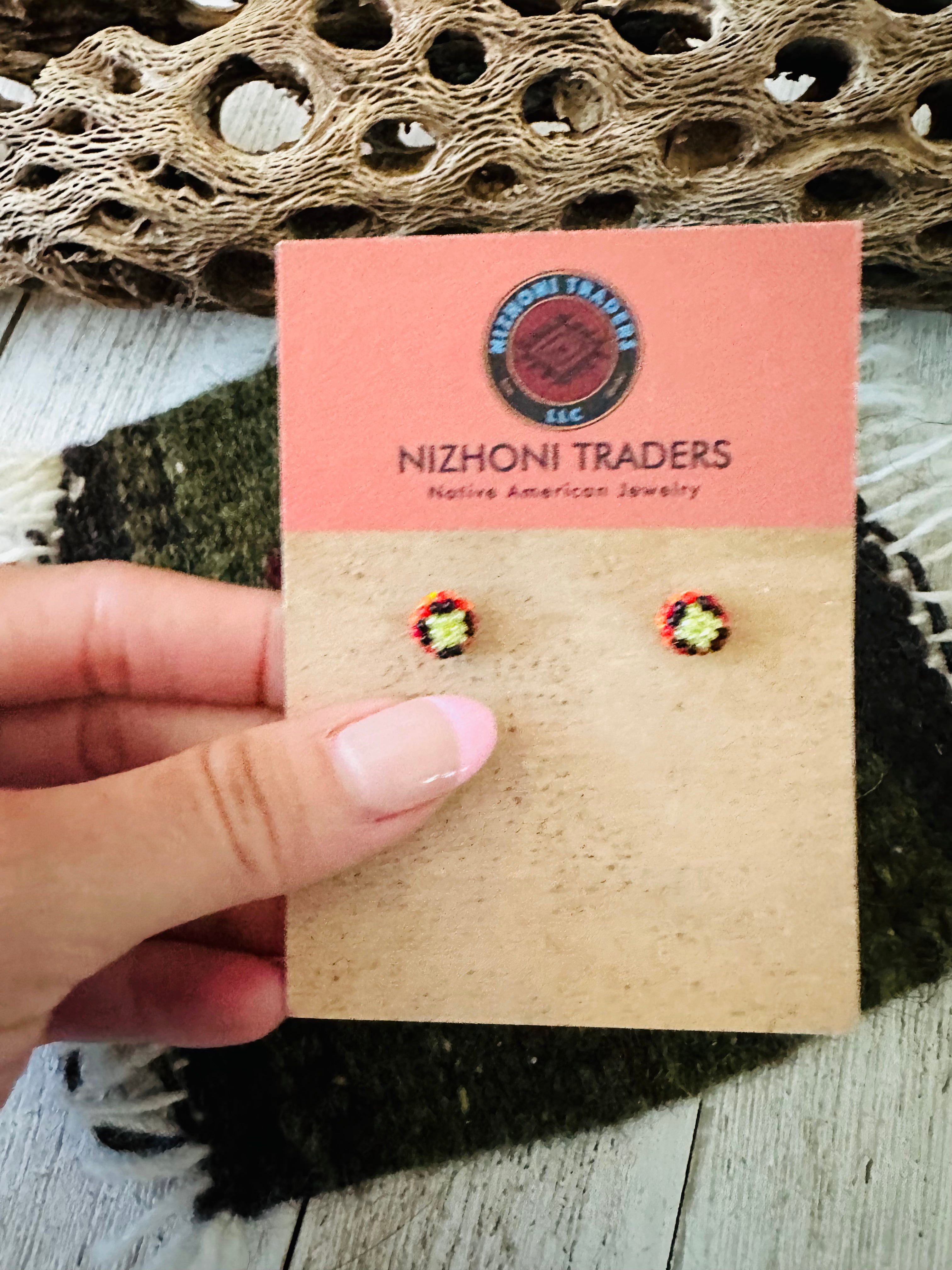 Navajo Handmade Beaded Stud Earrings- yellow