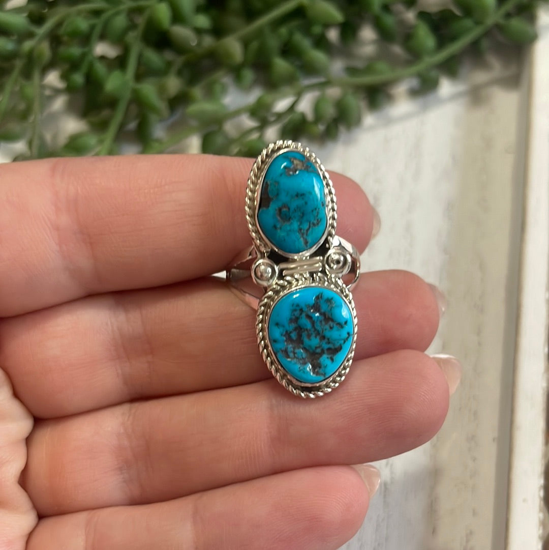 Double Stone Navajo Turquoise & Sterling Silver Ring Signed