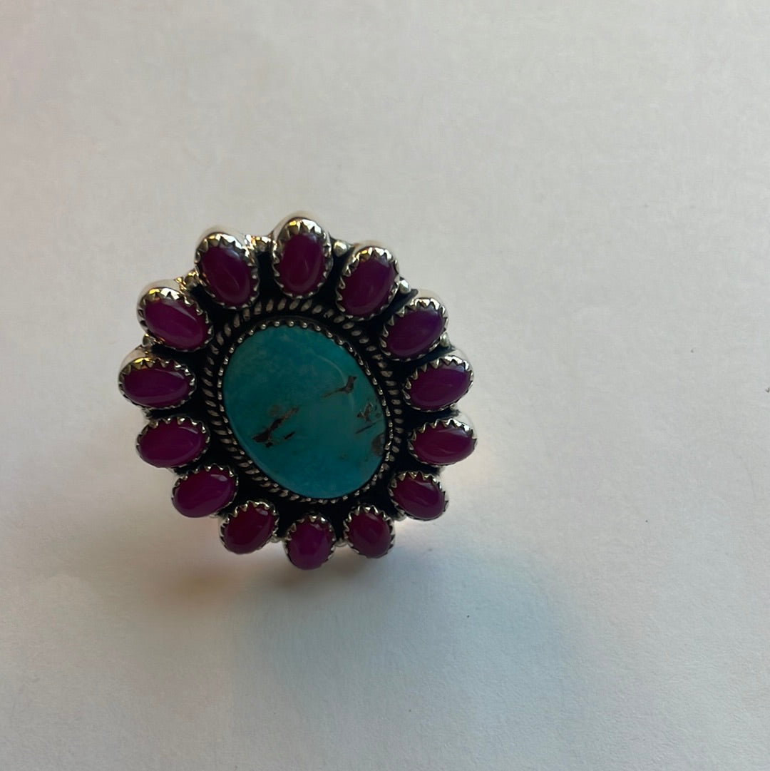 Handmade Pink Onyx & Turquoise Sterling Silver Adjustable Ring Signed Nizhoni