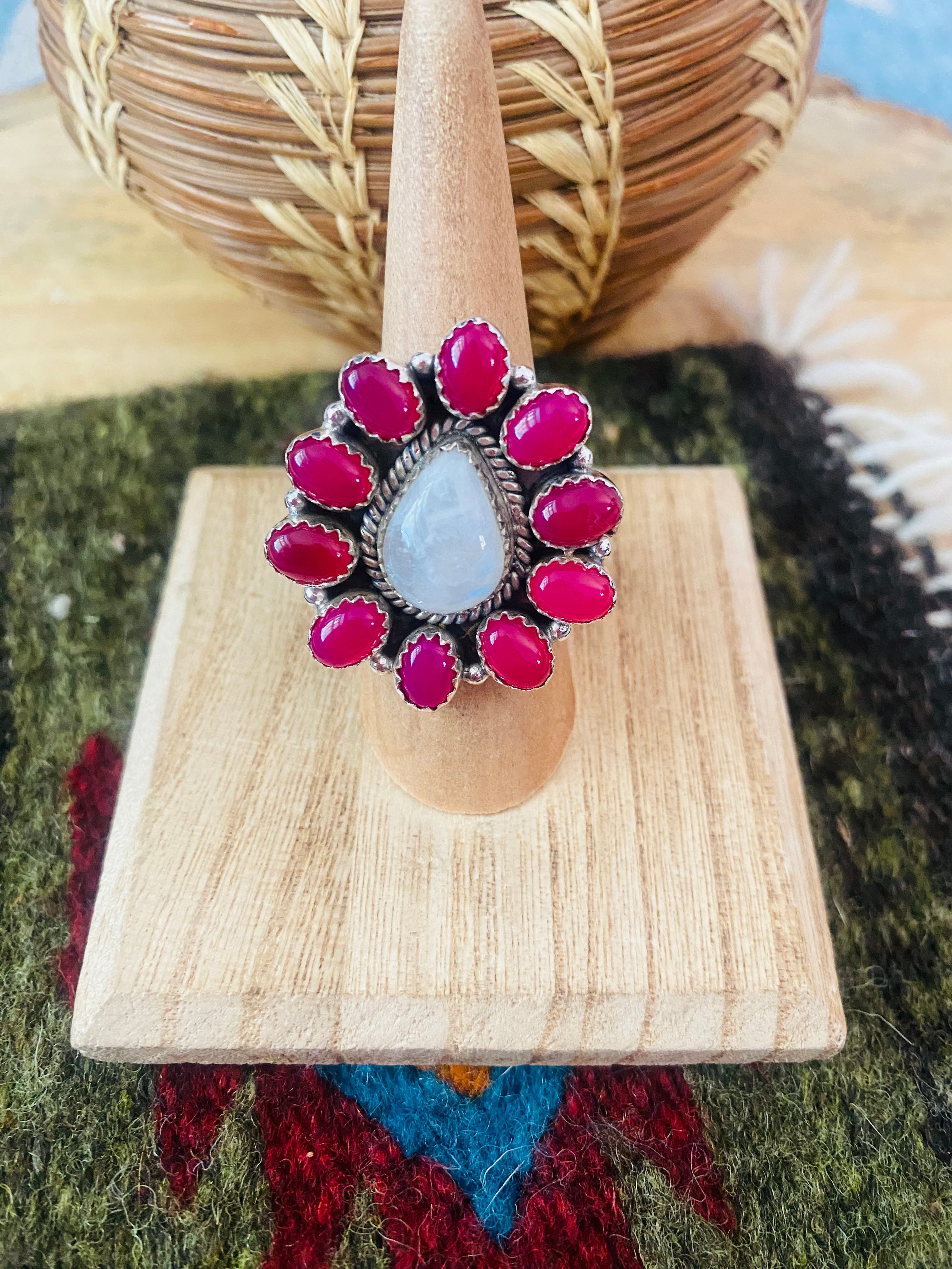 Handmade Sterling Silver, Pink Onyx & Moon Stone Cluster Adjustable Ring