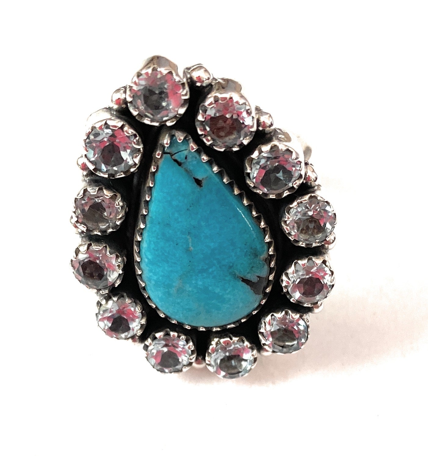 Handmade Sterling Silver, Turquoise & Topaz Cluster Adjustable Ring