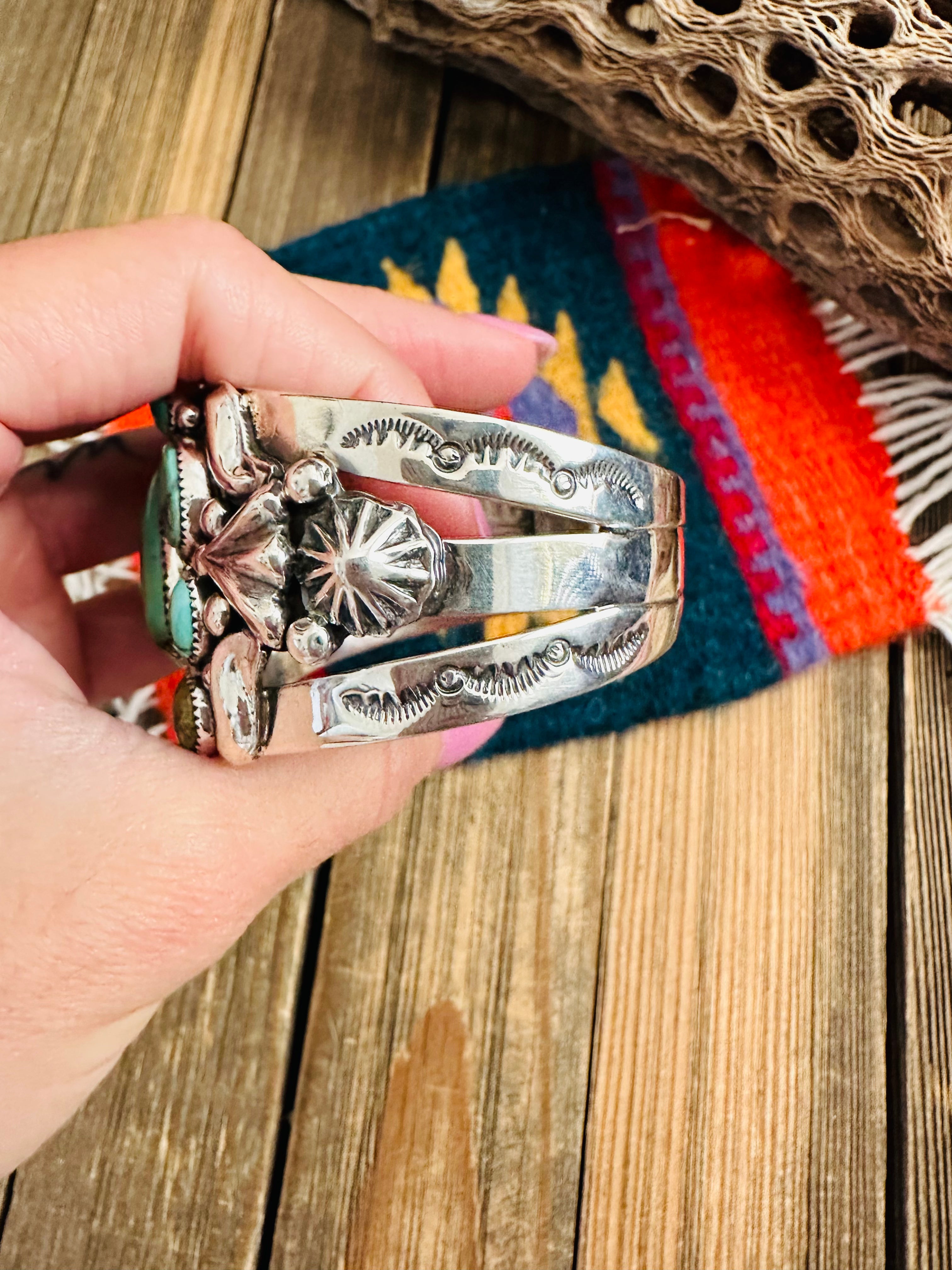 Navajo Old Pawn Turquoise, Coral & Sterling Silver Cuff Bracelet