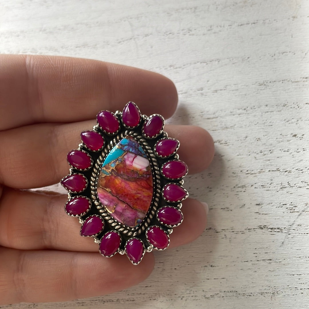 Handmade Sterling Silver, Pink Onyx, Pink Dream Adjustable Ring Signed Nizhoni