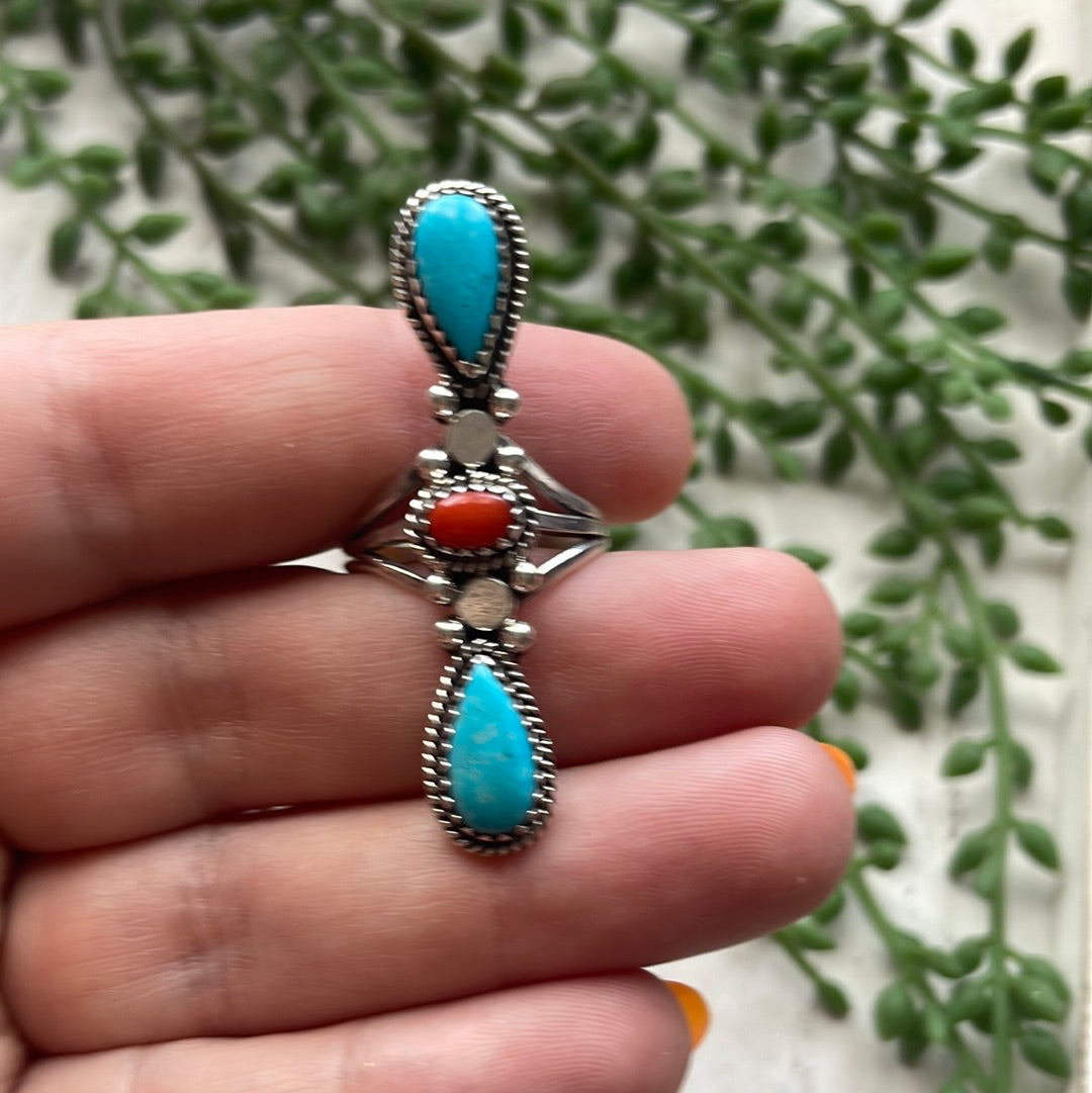 “Triple Stone” Navajo Turquoise, Coral And Sterling Silver Ring