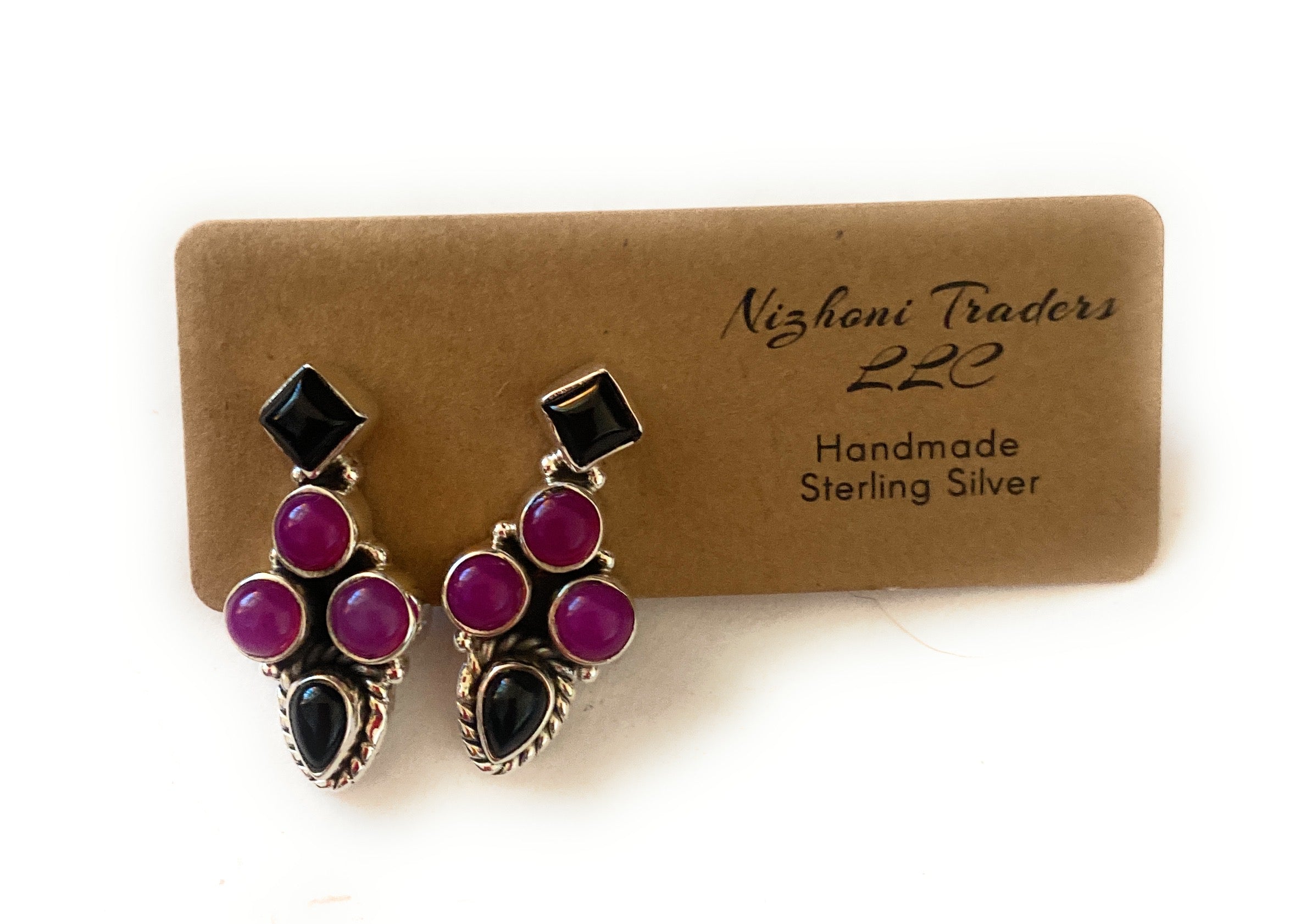 Handmade Pink and Black Onyx Sterling Silver Post Earrings Signed Nizhoni