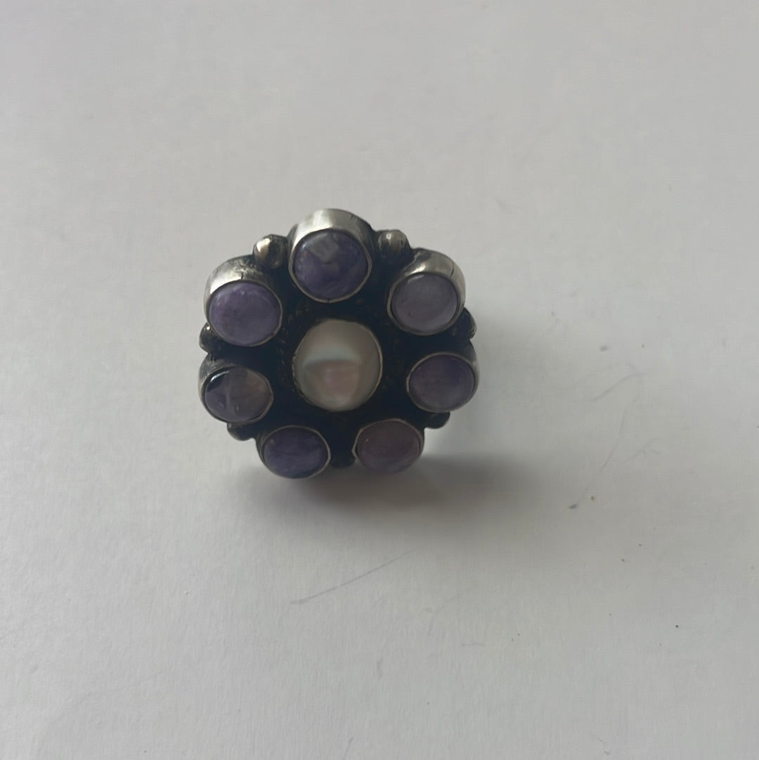 Navajo Charoite & White Topaz Sterling Silver Adjustable Ring Signed