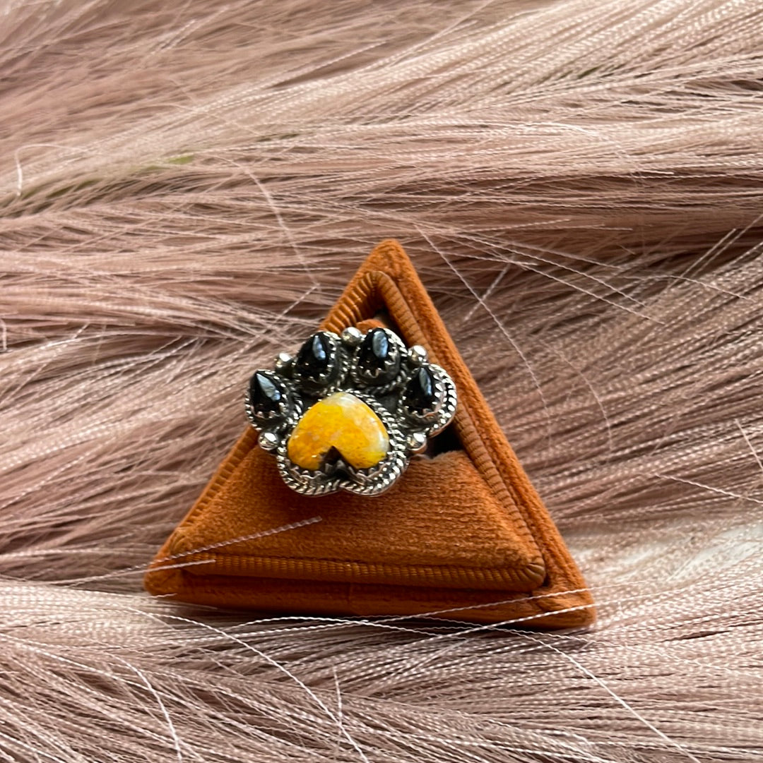 Handmade Bear Paw Black Onyx, Bumble Bee  & Sterling Silver Adjustable Ring