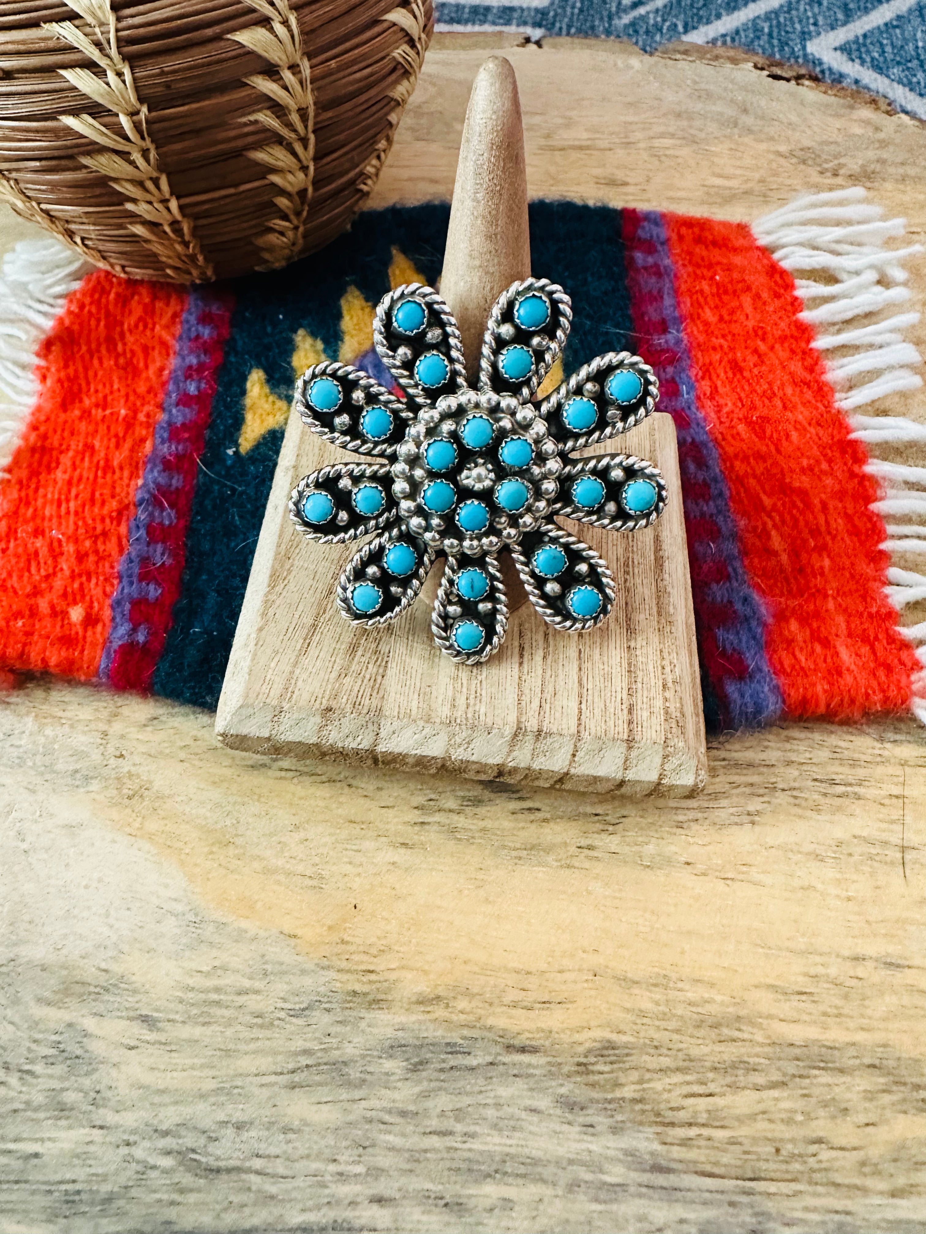 Navajo Turquoise & Sterling Silver Flower Adjustable Ring