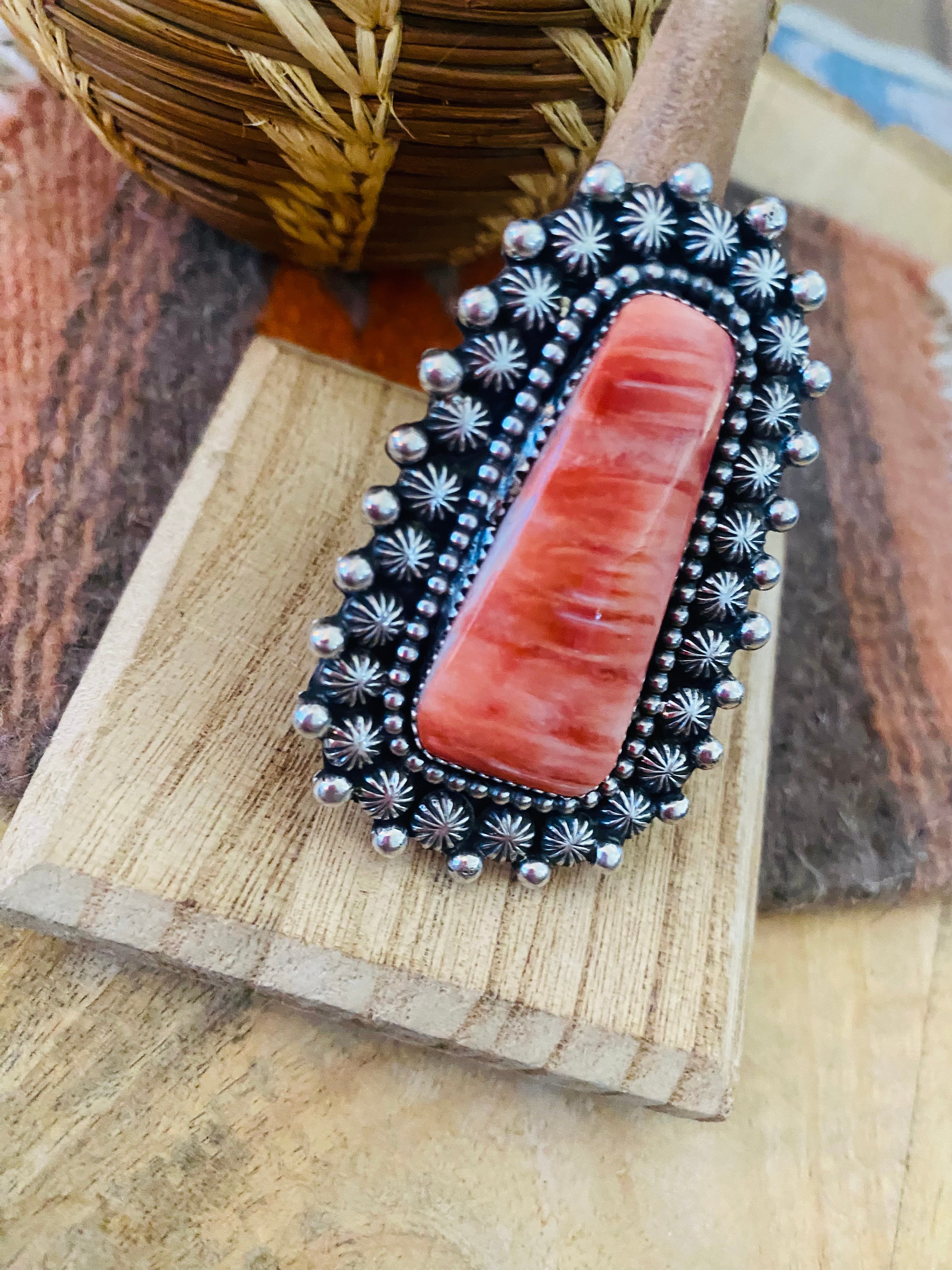 Navajo Orange Spiny & Sterling Silver Adjustable Ring