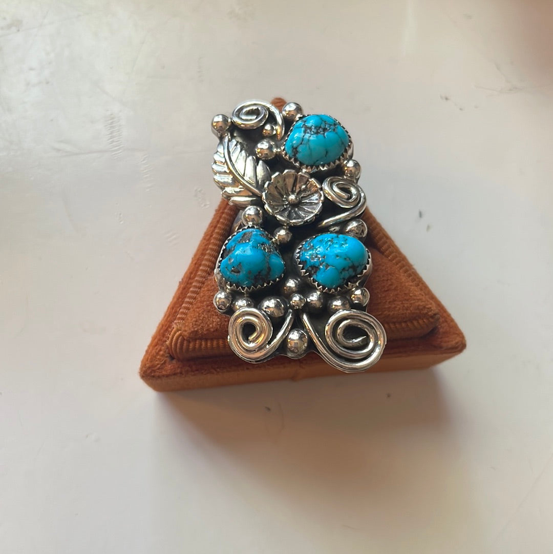 Navajo Sterling Silver & Turquoise Flower Ring Size 9