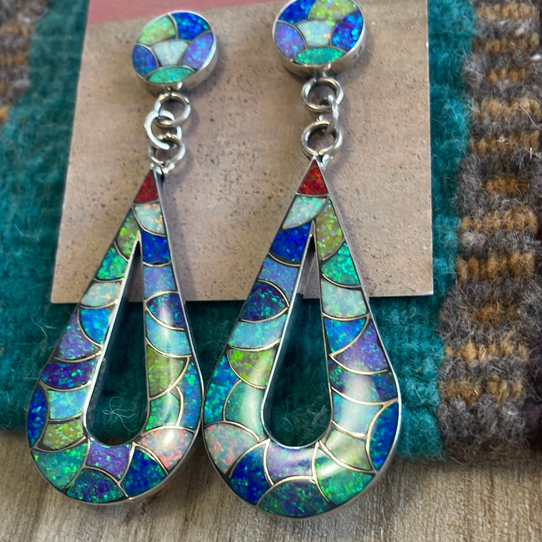 Zuni Multicolor Opal & Sterling Silver Inlay Dangle Earrings Signed