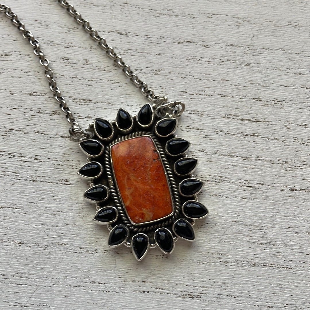 Handmade Sterling Silver, Black Onyx, & Orange Mojave Necklace Signed Nizhoni