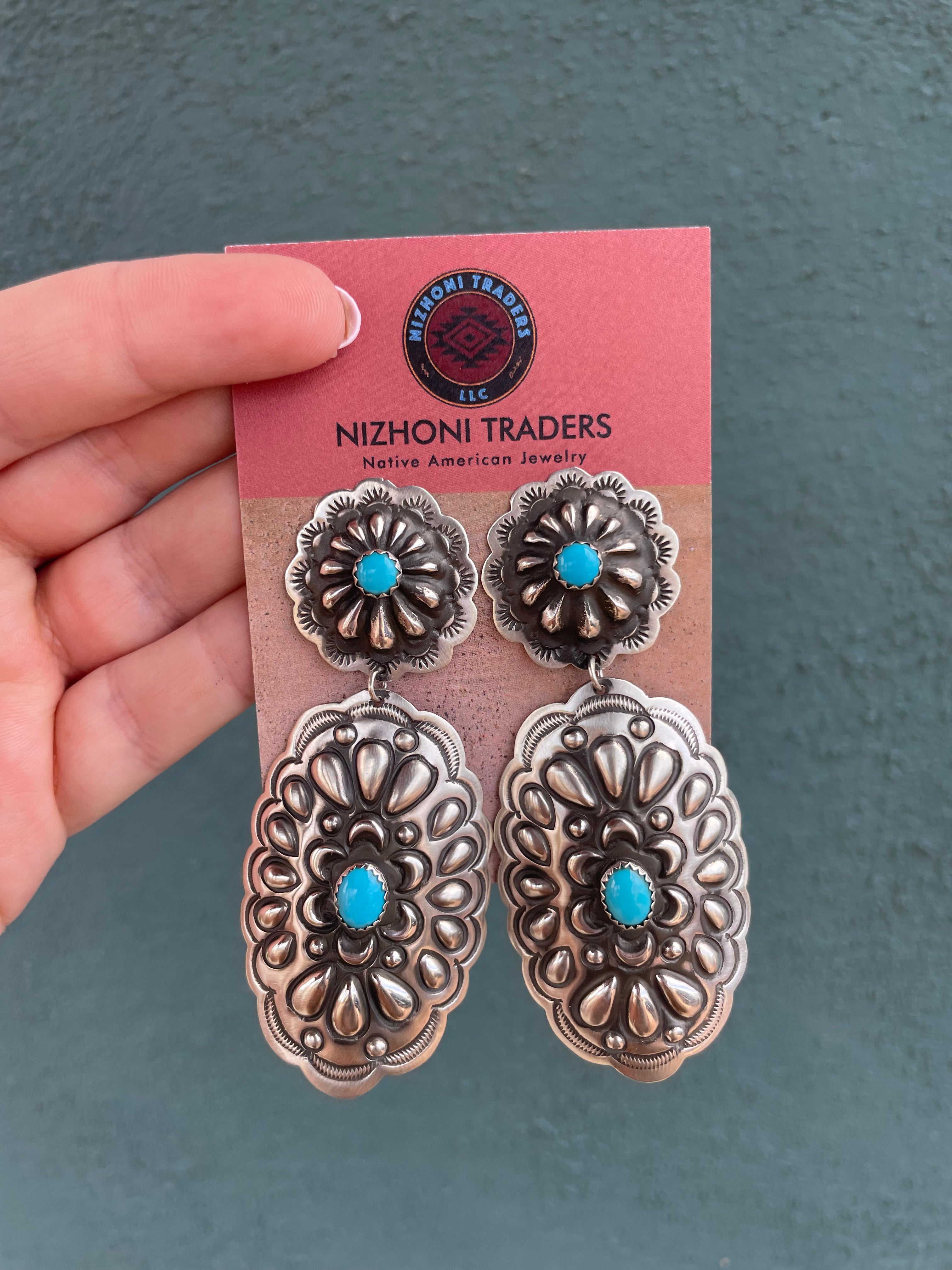 “The “Lainey” Leander Tahe Navajo Sterling Silver & Turquoise Concho Dangle Earrings Signed