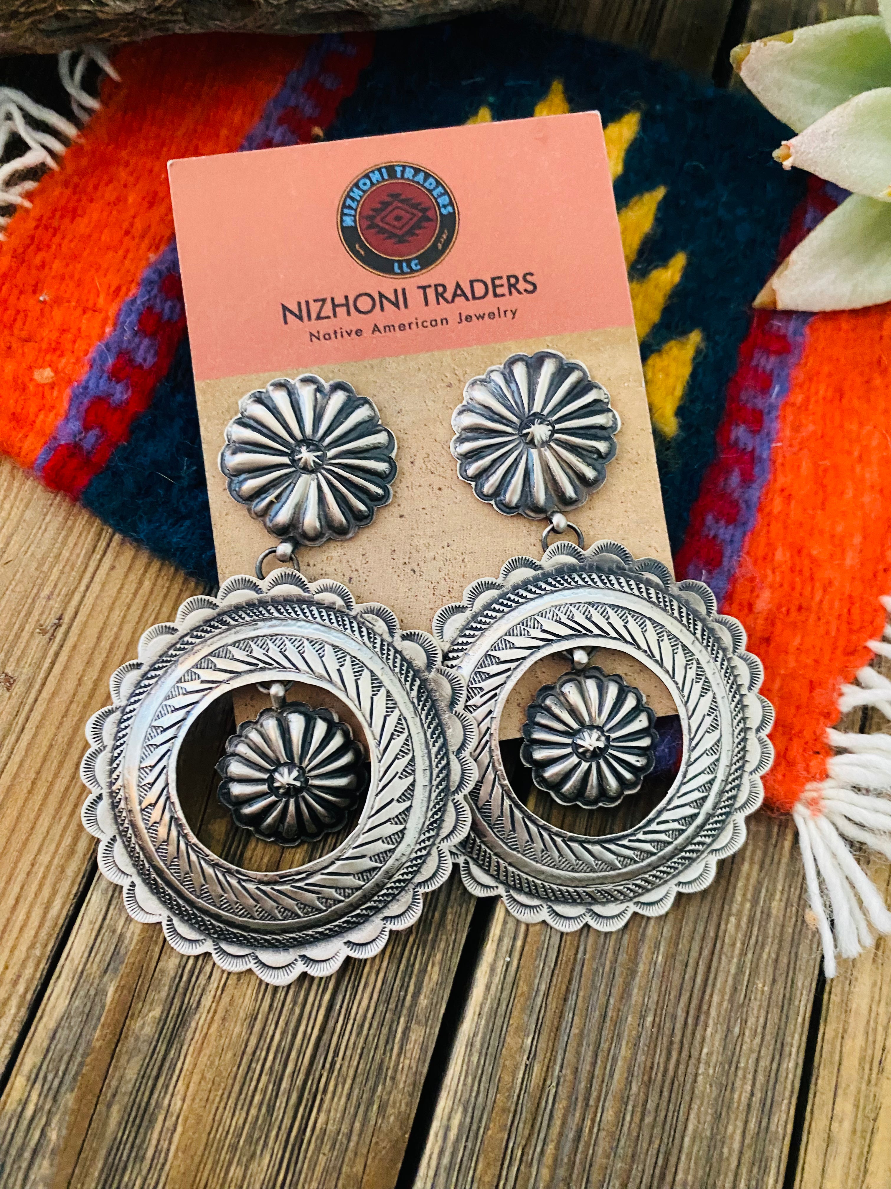 Navajo Hand Stamped Sterling Silver Concho Dangle Earrings