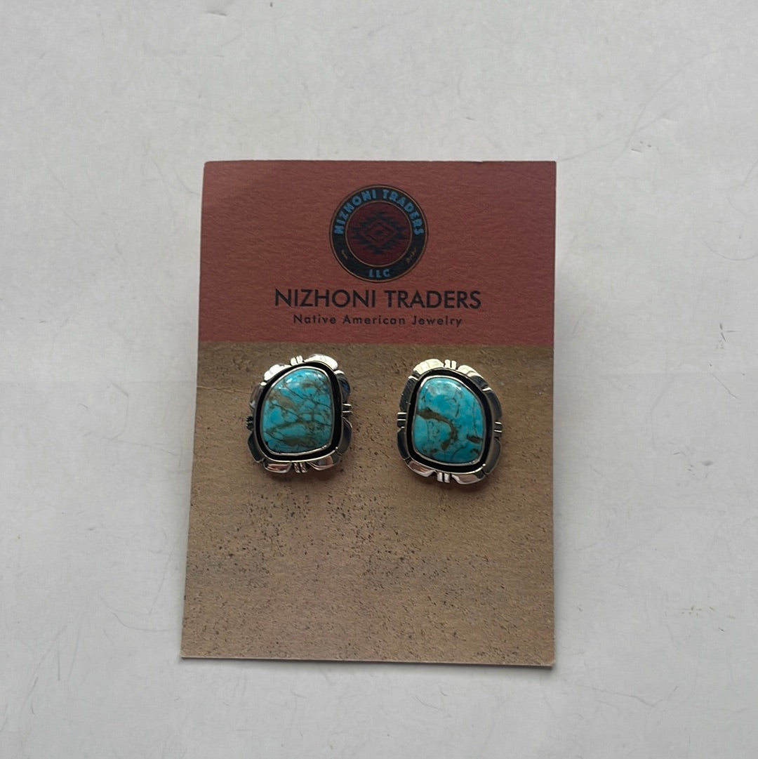 Navajo Turquoise And Sterling Silver Post Square Earrings