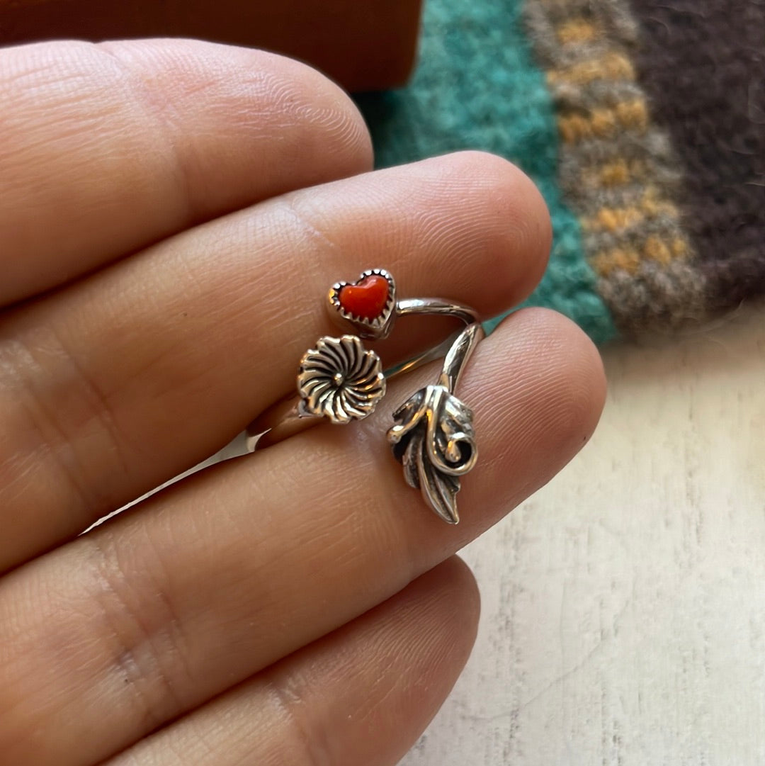 Navajo Coral And Sterling Silver Adjustable Flower Heart Ring