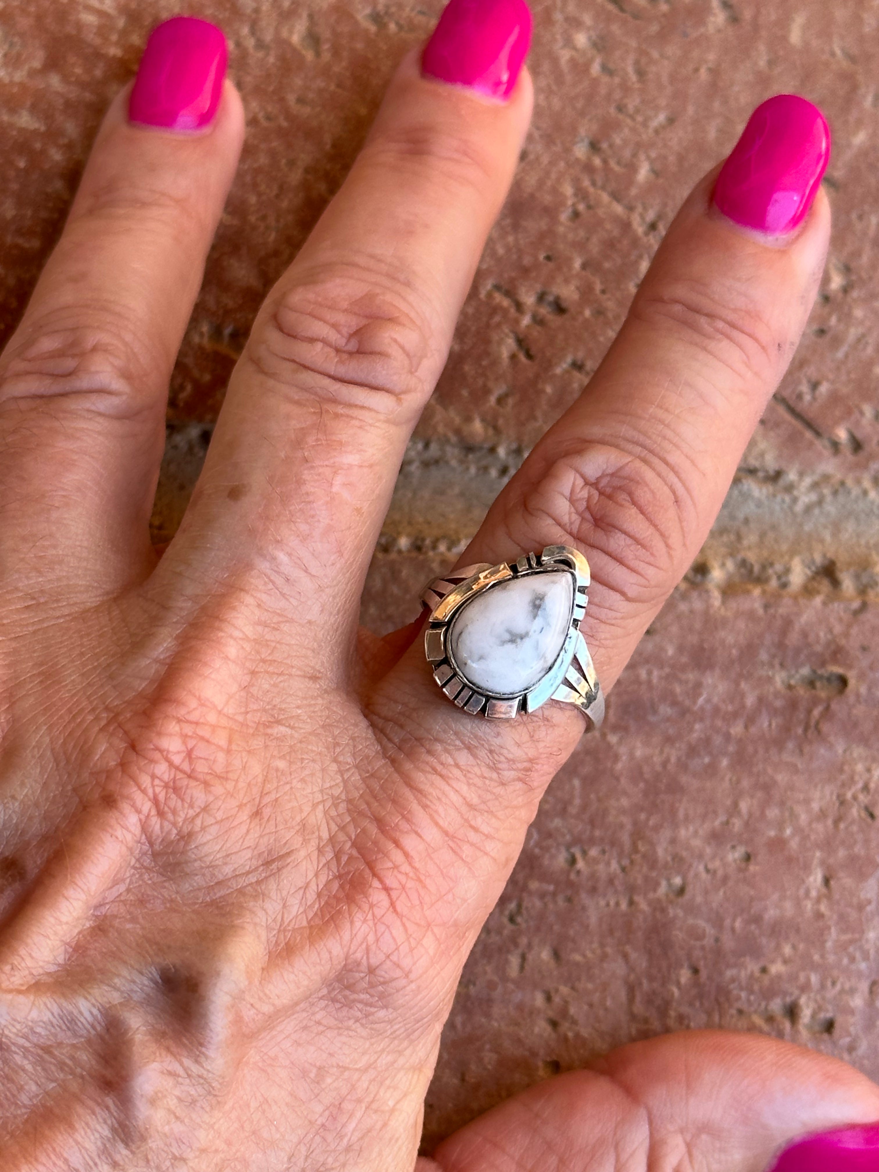 Navajo Sterling Silver & White Buffalo Teardrop Ring