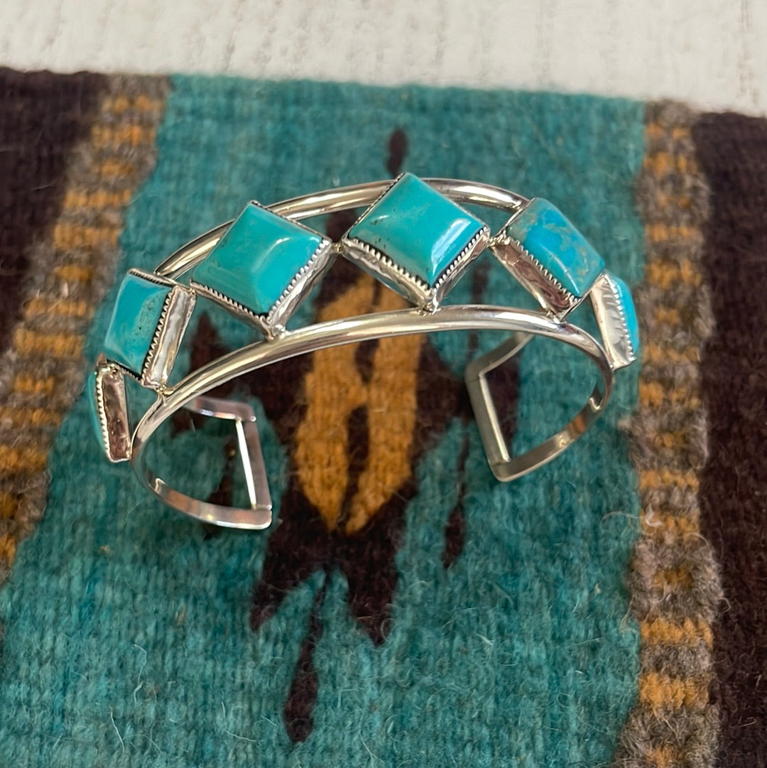 Navajo 6 Stone Turquoise & Sterling Silver Cuff Bracelet Signed