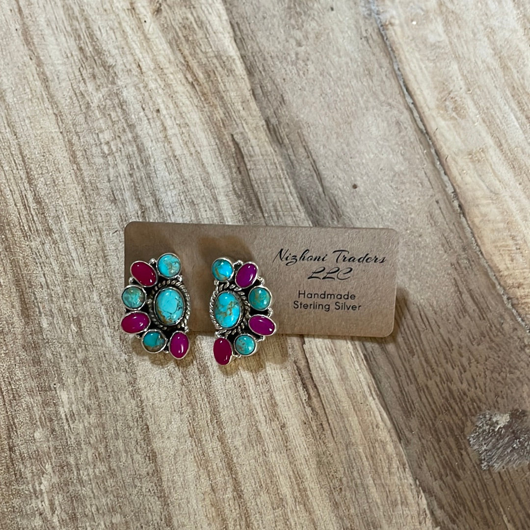 Handmade Pink Onyx, Turquoise & Sterling Silver Earrings Signed Nizhoni